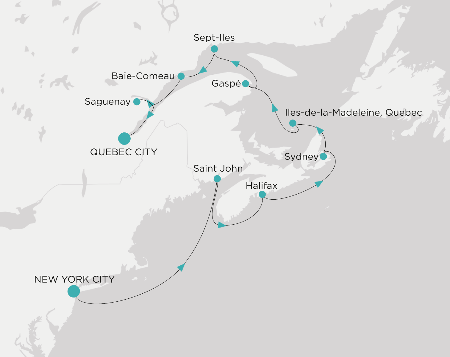 Carte de l’itinéraire Crystal Serenity, New York → Québec