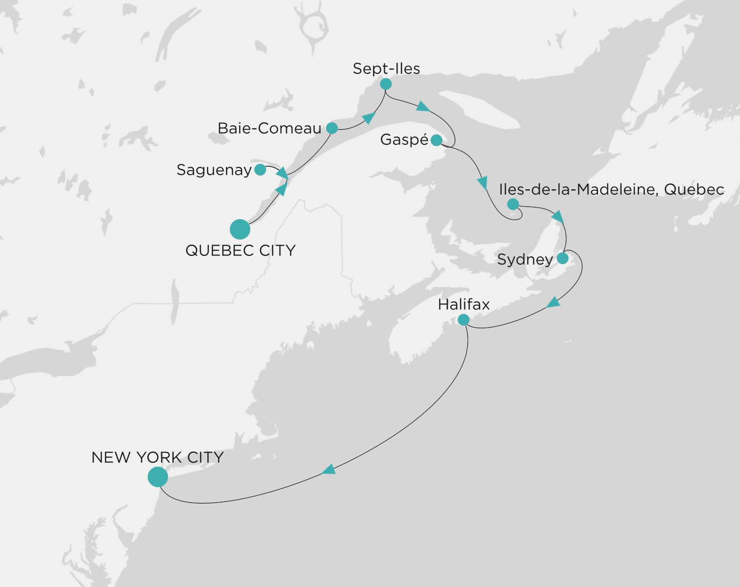 Carte de l’itinéraire Crystal Serenity, Québec → New York