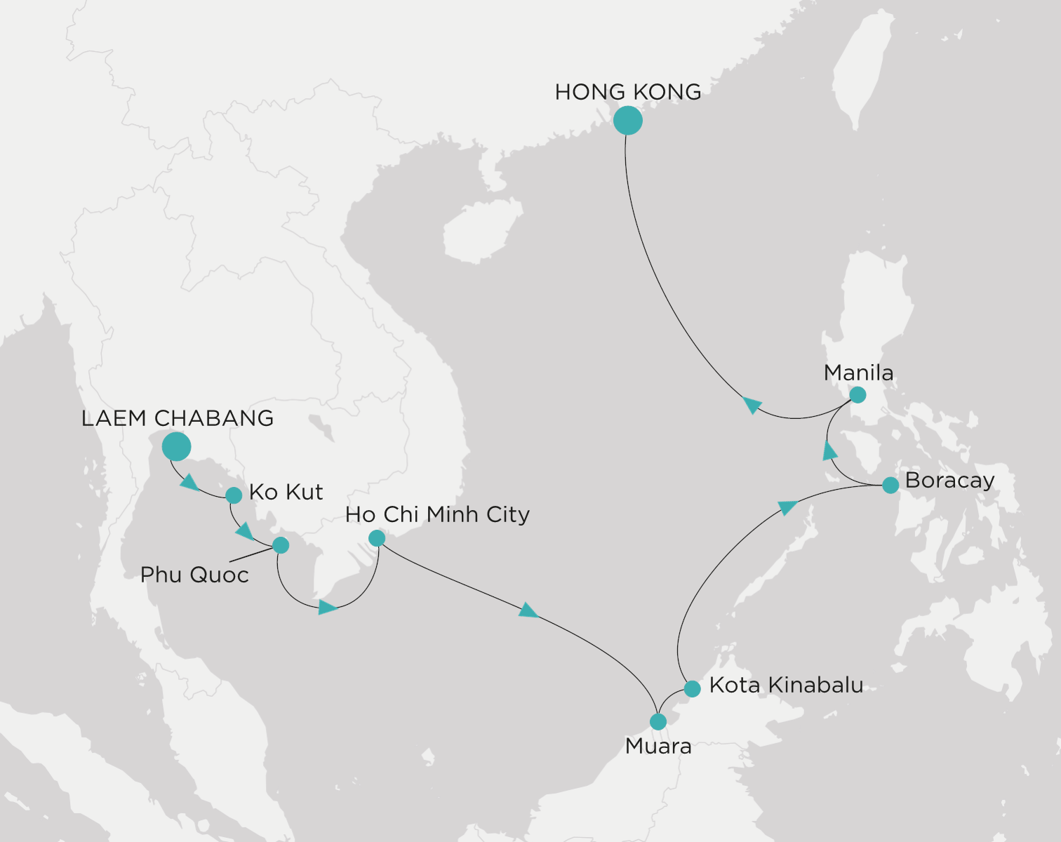 Carte de l’itinéraire Crystal Serenity, Laem chabang (Bangkok) → Hong Kong