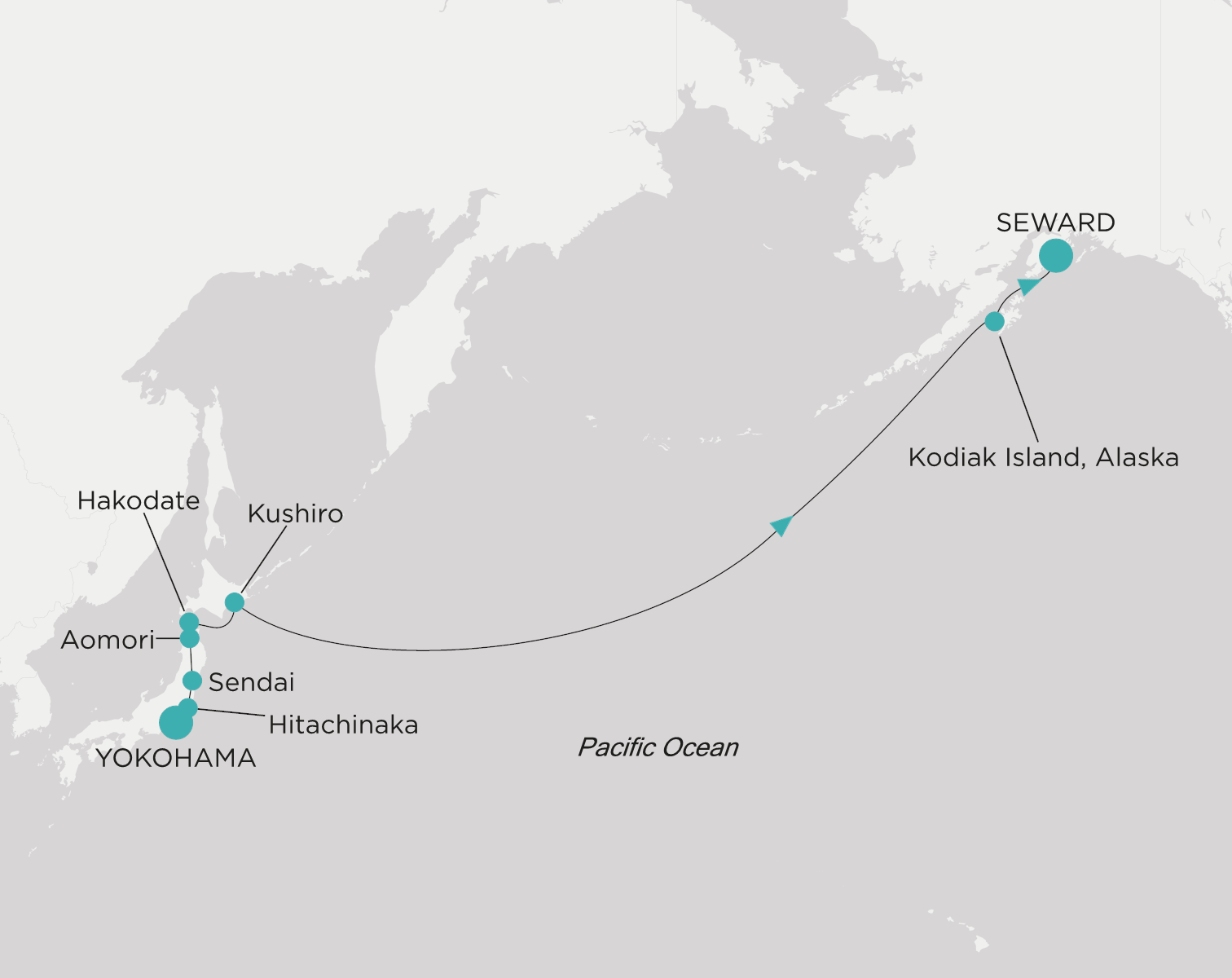 Carte de l’itinéraire Crystal Serenity, Yokohama (Tokyo) → Seward (Anchorage, Alaska)