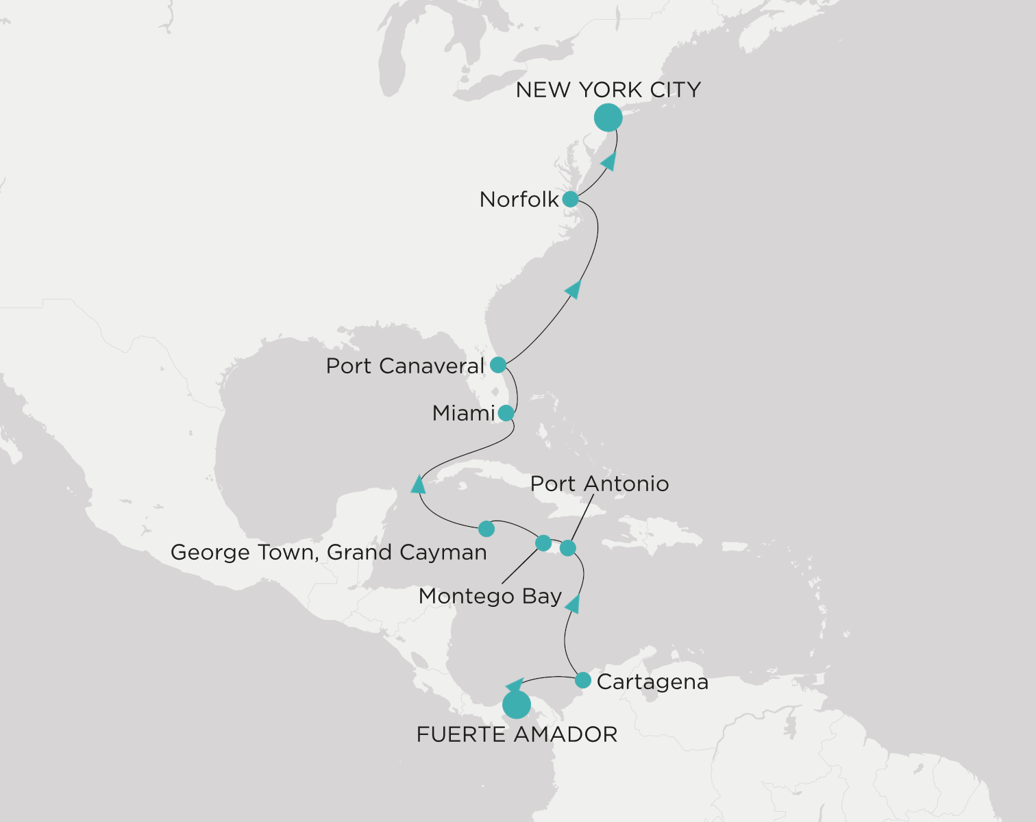 Carte de l’itinéraire Crystal Serenity, Fuerte Amador → New York