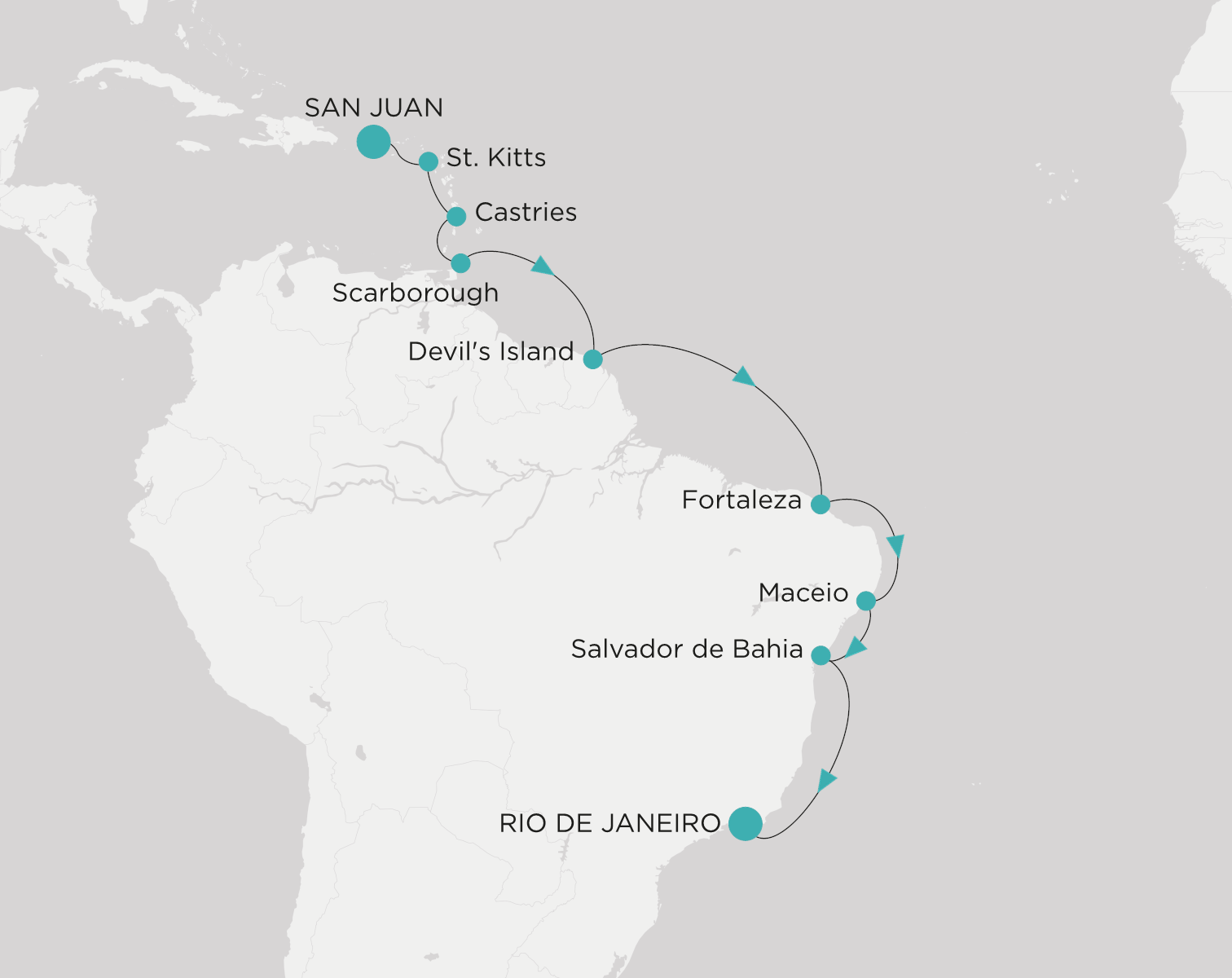 Carte de l’itinéraire Crystal Serenity, San Juan → Rio de Janeiro