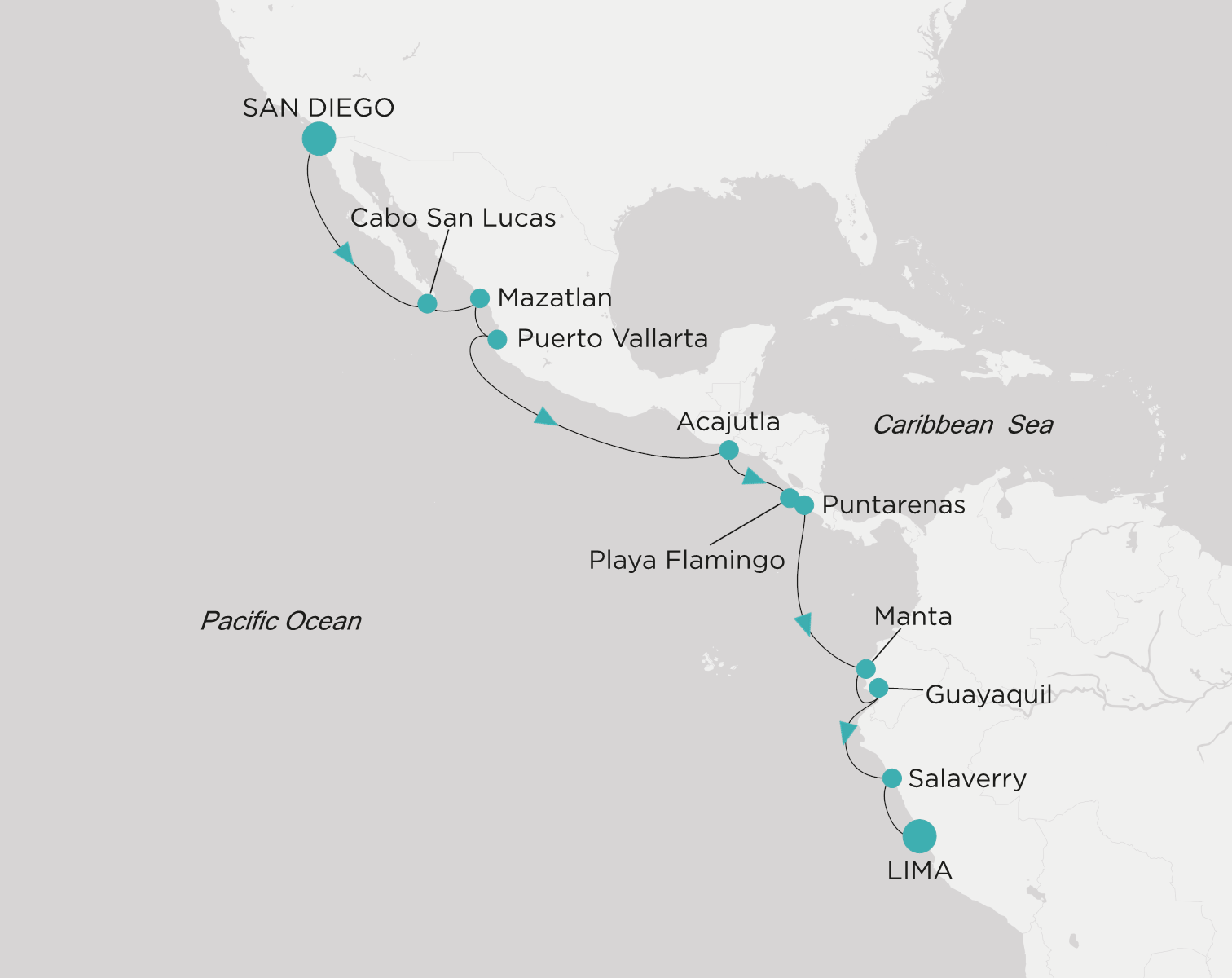 Carte de l’itinéraire Crystal Serenity, San Diego → Callao (Lima)