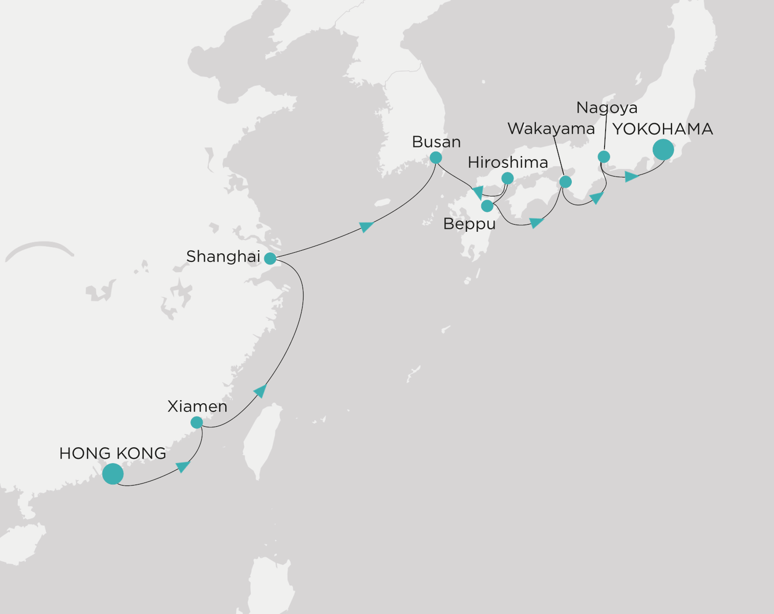 Carte de l’itinéraire Crystal Serenity, Hong Kong → Yokohama (Tokyo)