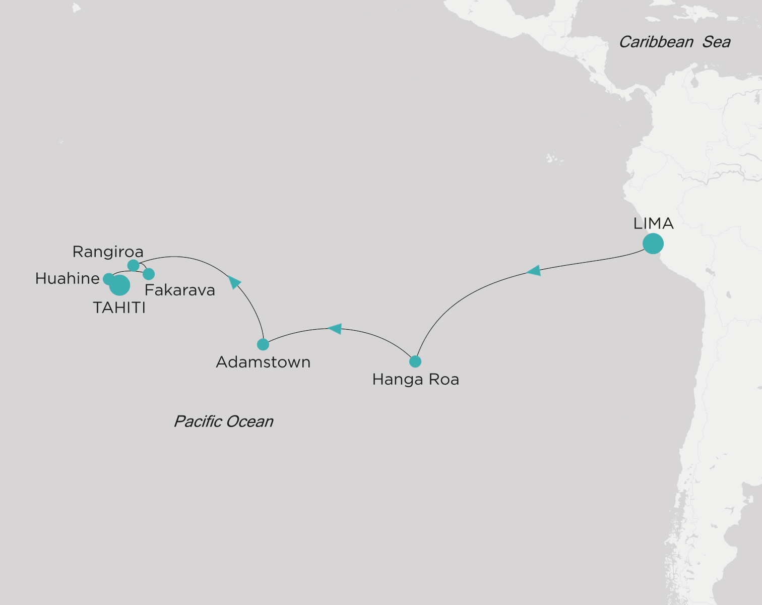 Carte de l’itinéraire Crystal Serenity, Callao (Lima) → Tahiti (Papeete)