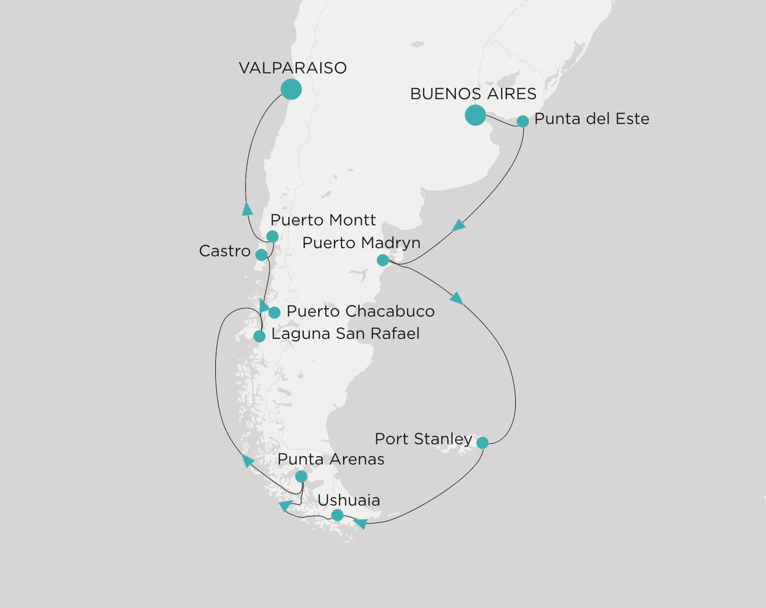 Carte de l’itinéraire Crystal Serenity, Buenos Aires → Valparaiso