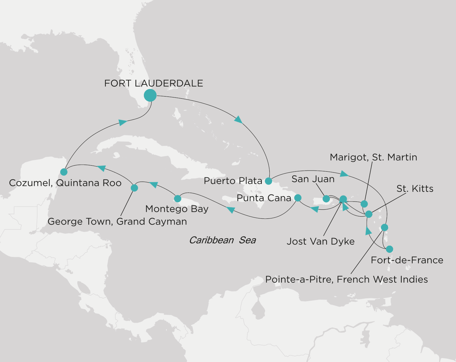 Carte de l’itinéraire Crystal Serenity, Fort Lauderdale → Fort Lauderdale