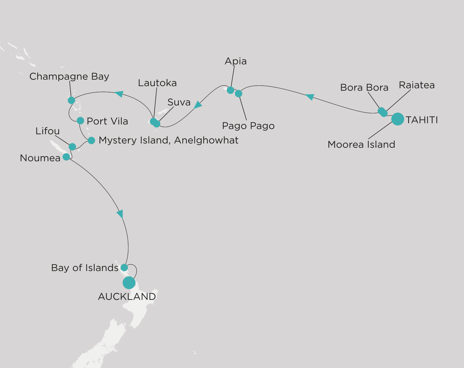 Carte de l’itinéraire Crystal Serenity, Tahiti (Papeete) → Auckland