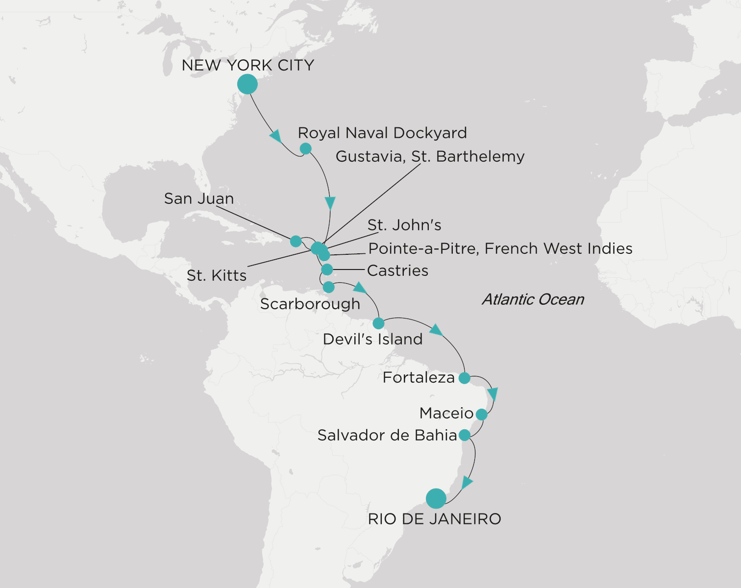 Carte de l’itinéraire Crystal Serenity, New York → Rio de Janeiro