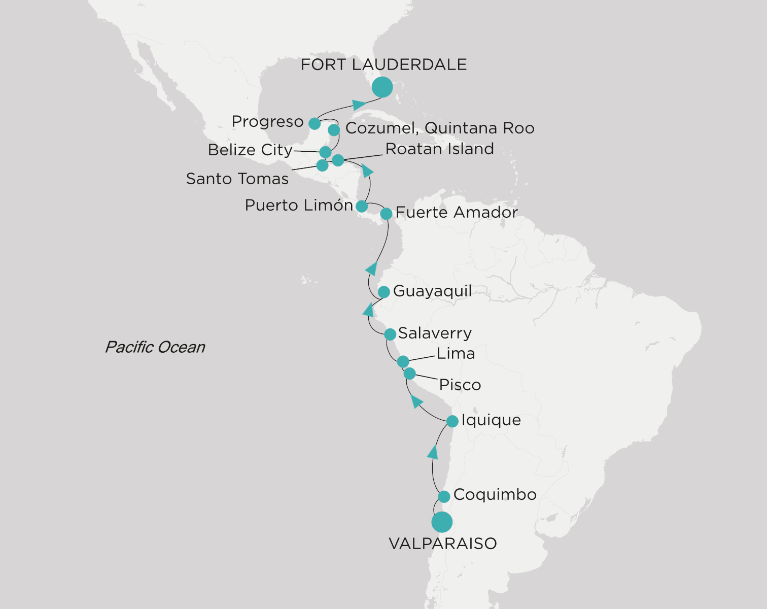 Carte de l’itinéraire Crystal Serenity, Valparaiso → Fort Lauderdale