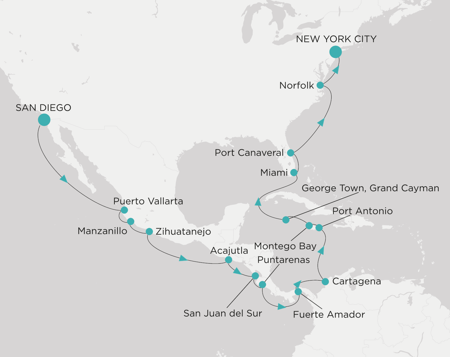 Carte de l’itinéraire Crystal Serenity, San Diego → New York