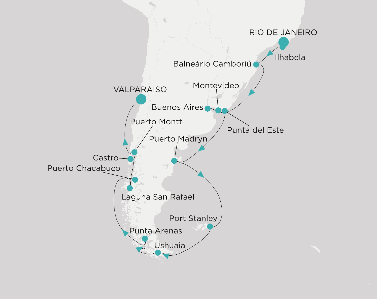 Carte de l’itinéraire Crystal Serenity, Rio de Janeiro → Valparaiso