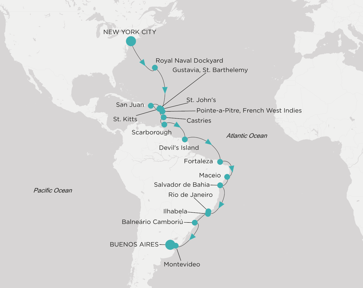 Carte de l’itinéraire Crystal Serenity, New York → Buenos Aires