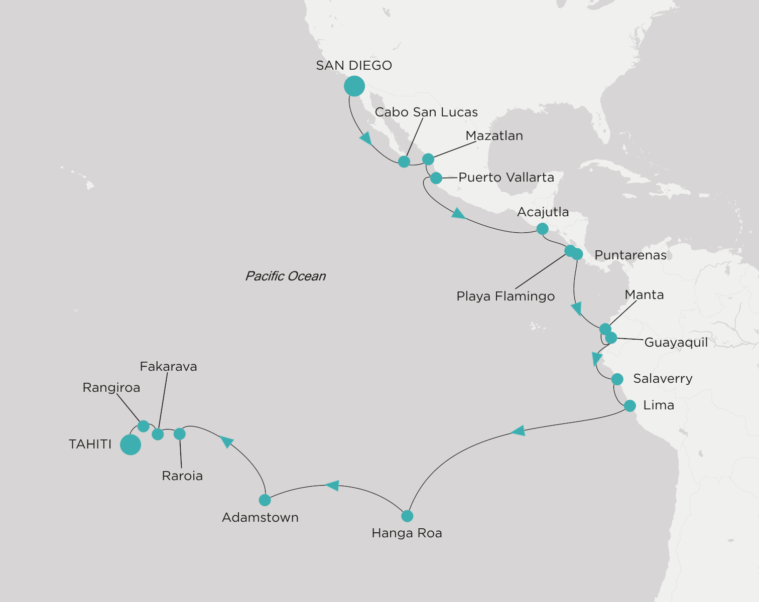 Carte de l’itinéraire Crystal Serenity, San Diego → Tahiti (Papeete)