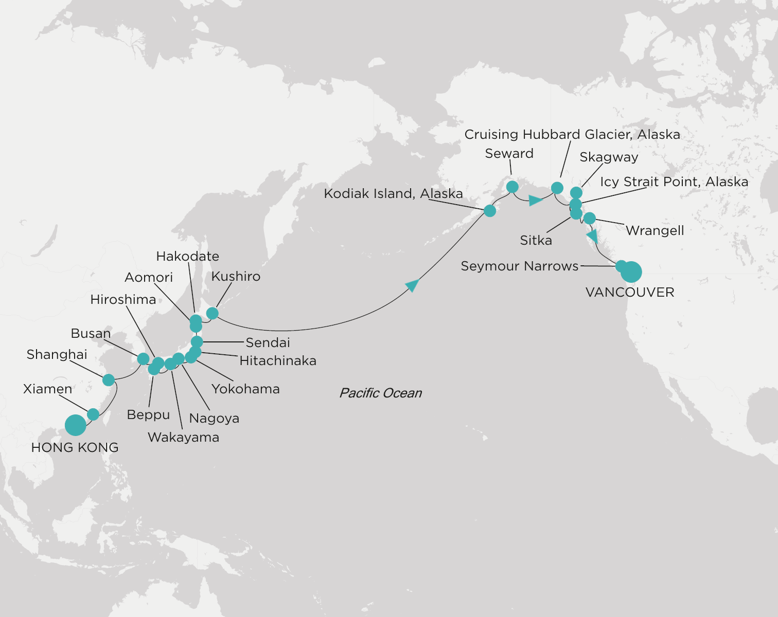 Carte de l’itinéraire Crystal Serenity, Hong Kong → Vancouver