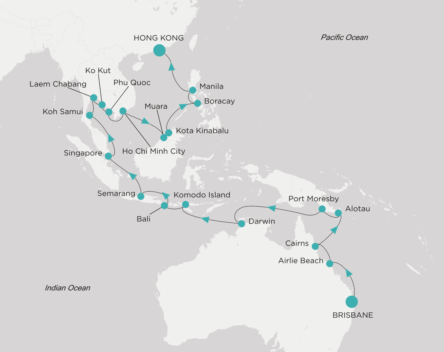 Carte de l’itinéraire Crystal Serenity, Brisbane → Hong Kong