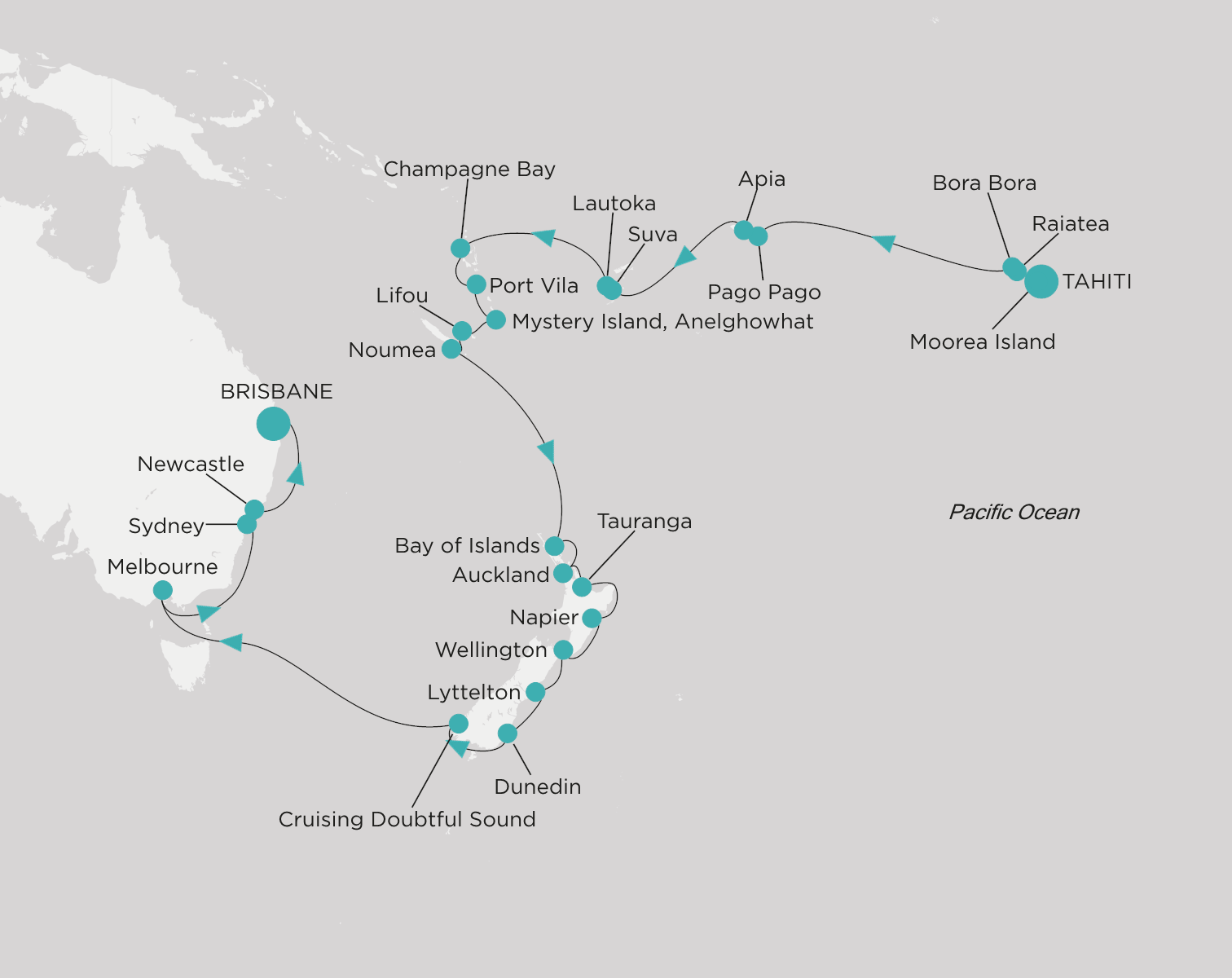Carte de l’itinéraire Crystal Serenity, Tahiti (Papeete) → Brisbane
