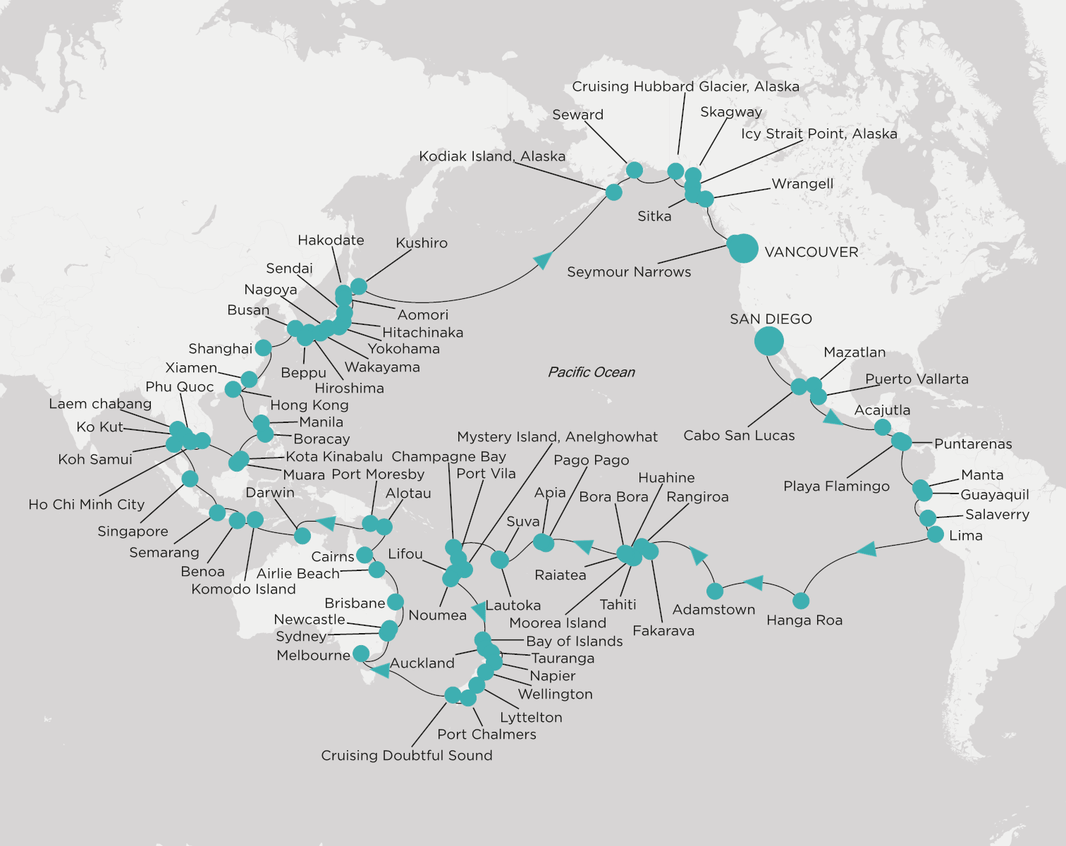 Carte de l’itinéraire Crystal Serenity, San Diego → Vancouver