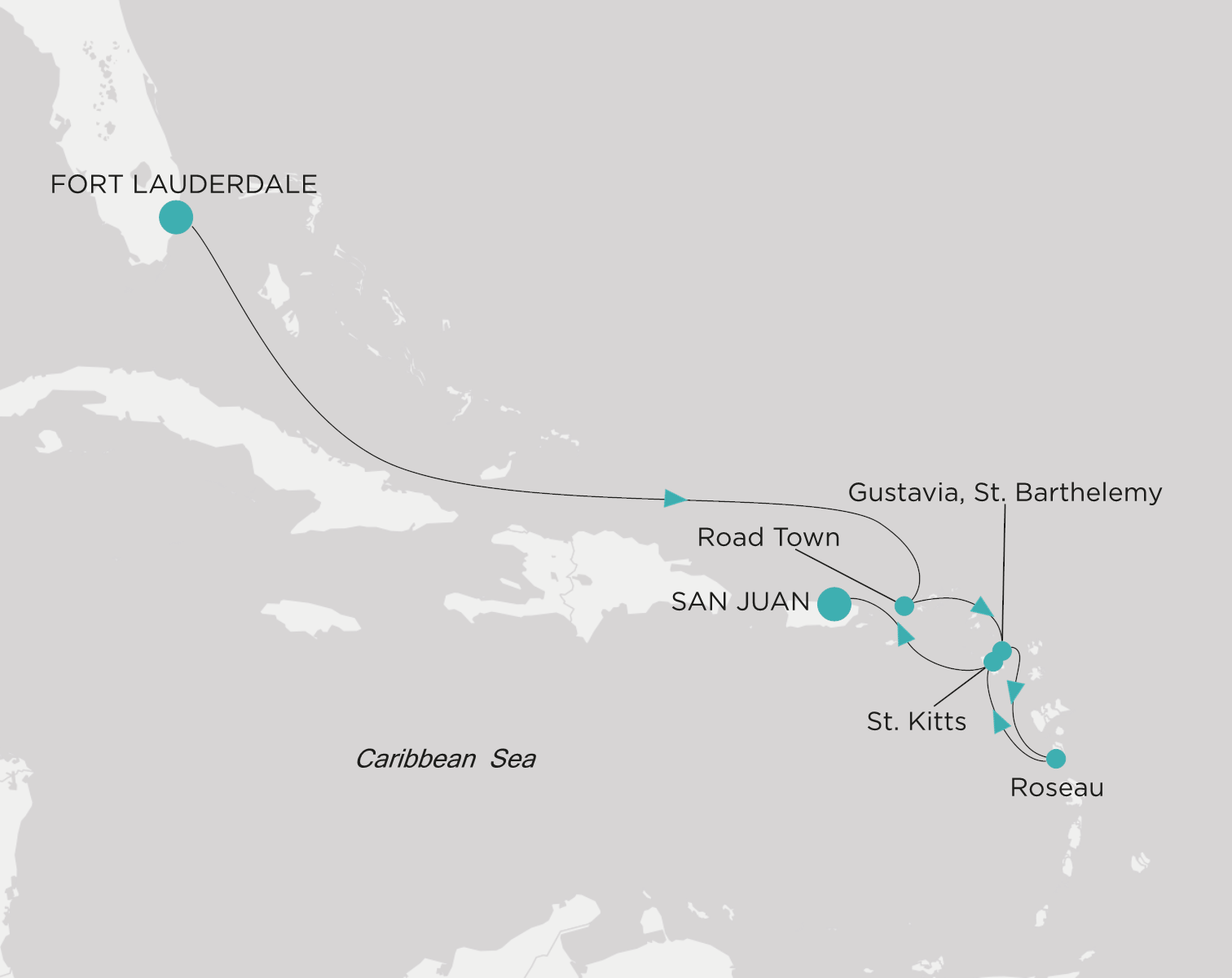Carte de l’itinéraire Crystal Serenity, Fort Lauderdale → San Juan