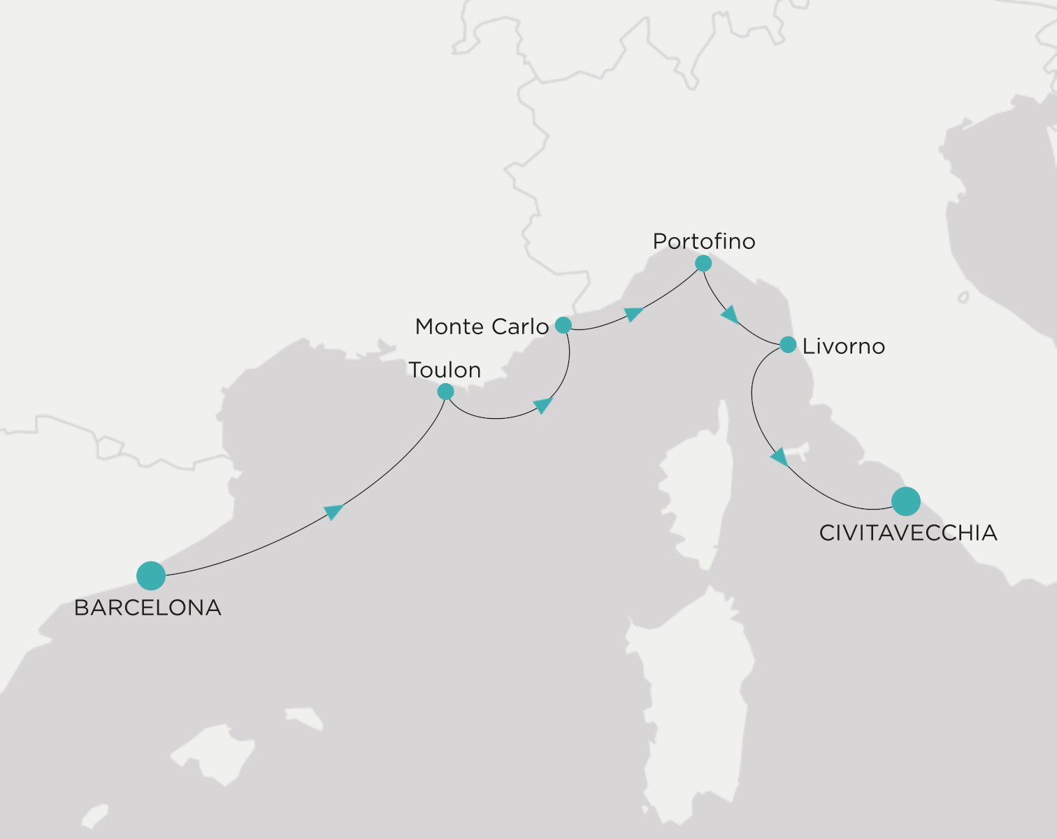 Carte de l’itinéraire Crystal Serenity, Barcelone → Civitavecchia (Rome)