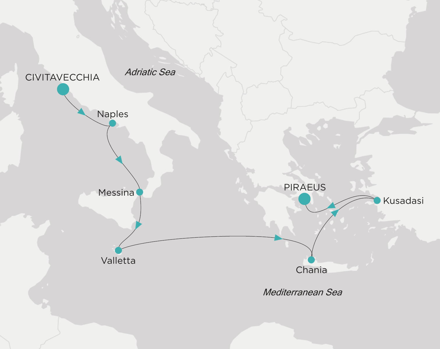 Carte de l’itinéraire Crystal Serenity, Civitavecchia (Rome) → Le Pirée (Athènes)