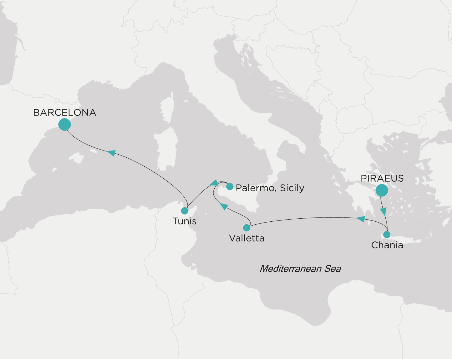 Carte de l’itinéraire Crystal Serenity, Le Pirée (Athènes) → Barcelone