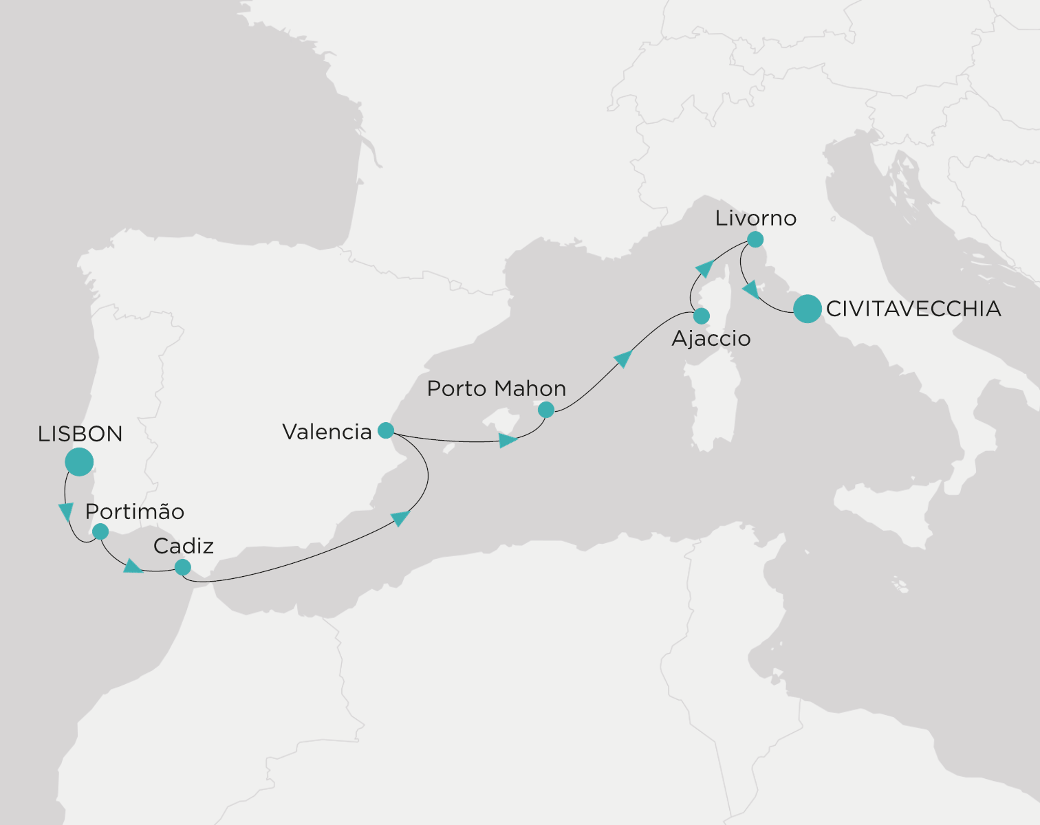 Carte de l’itinéraire Crystal Serenity, Lisbonne → Civitavecchia (Rome)