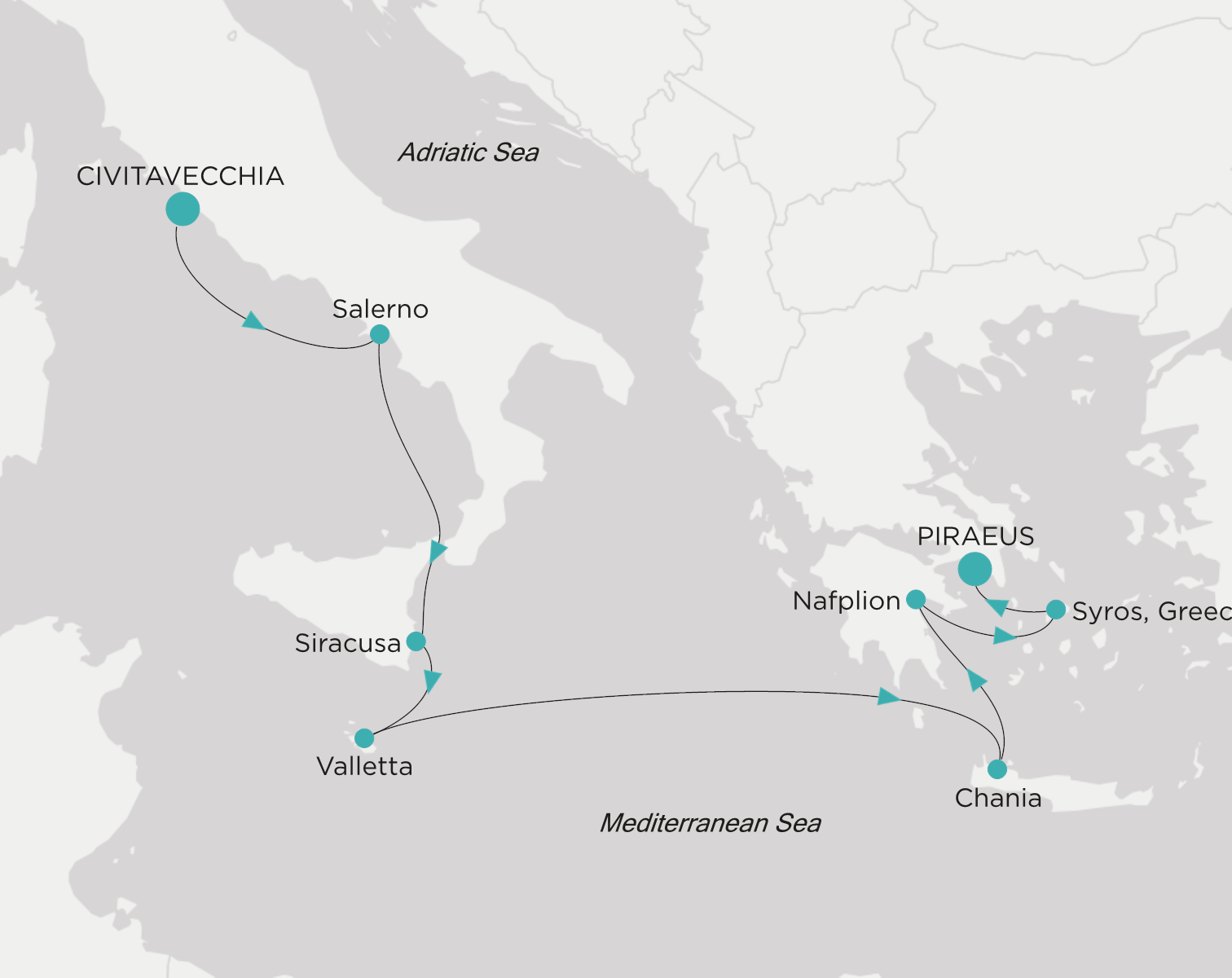 Carte de l’itinéraire Crystal Serenity, Civitavecchia (Rome) → Le Pirée (Athènes)