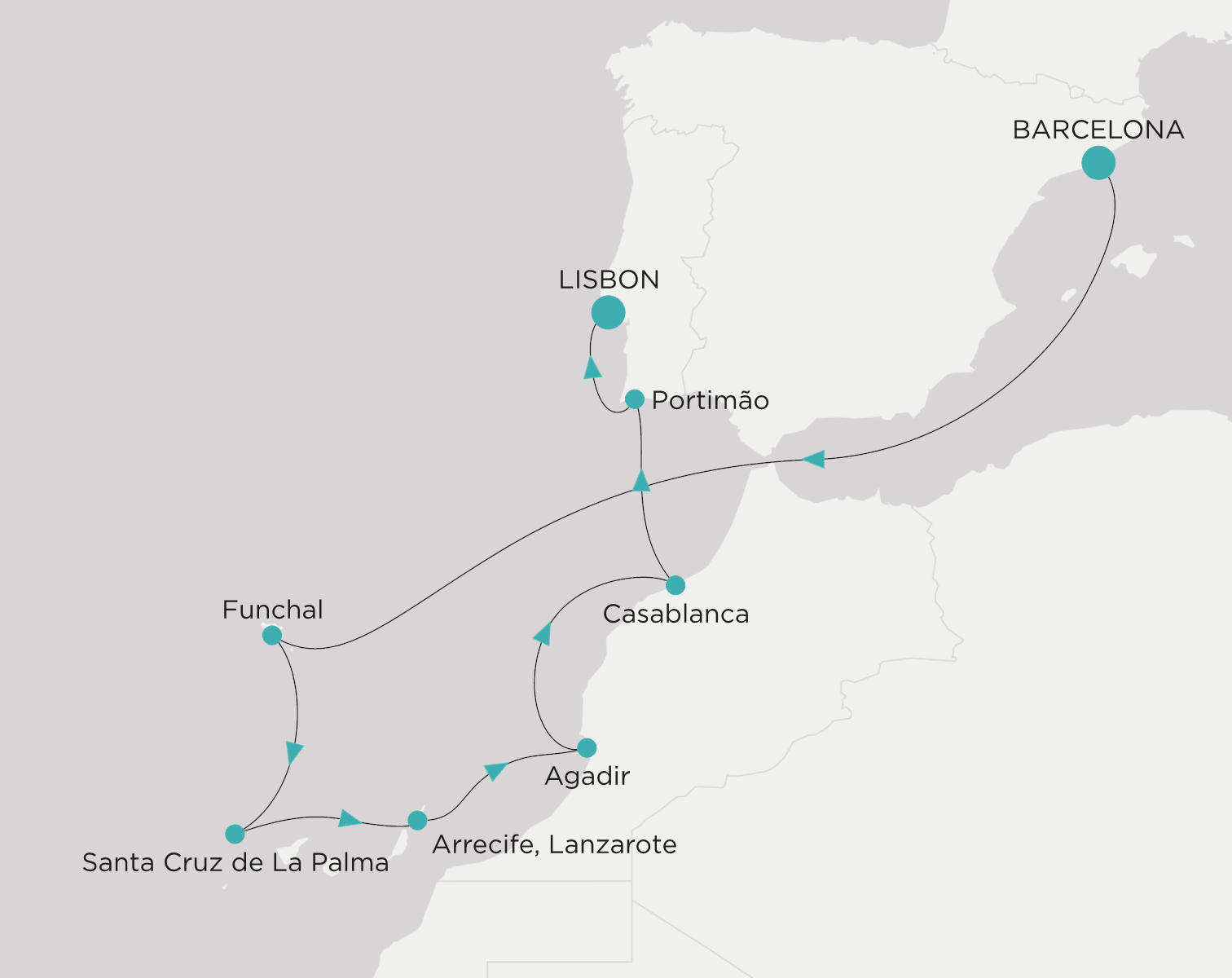 Carte de l’itinéraire Crystal Serenity, Barcelone → Lisbonne