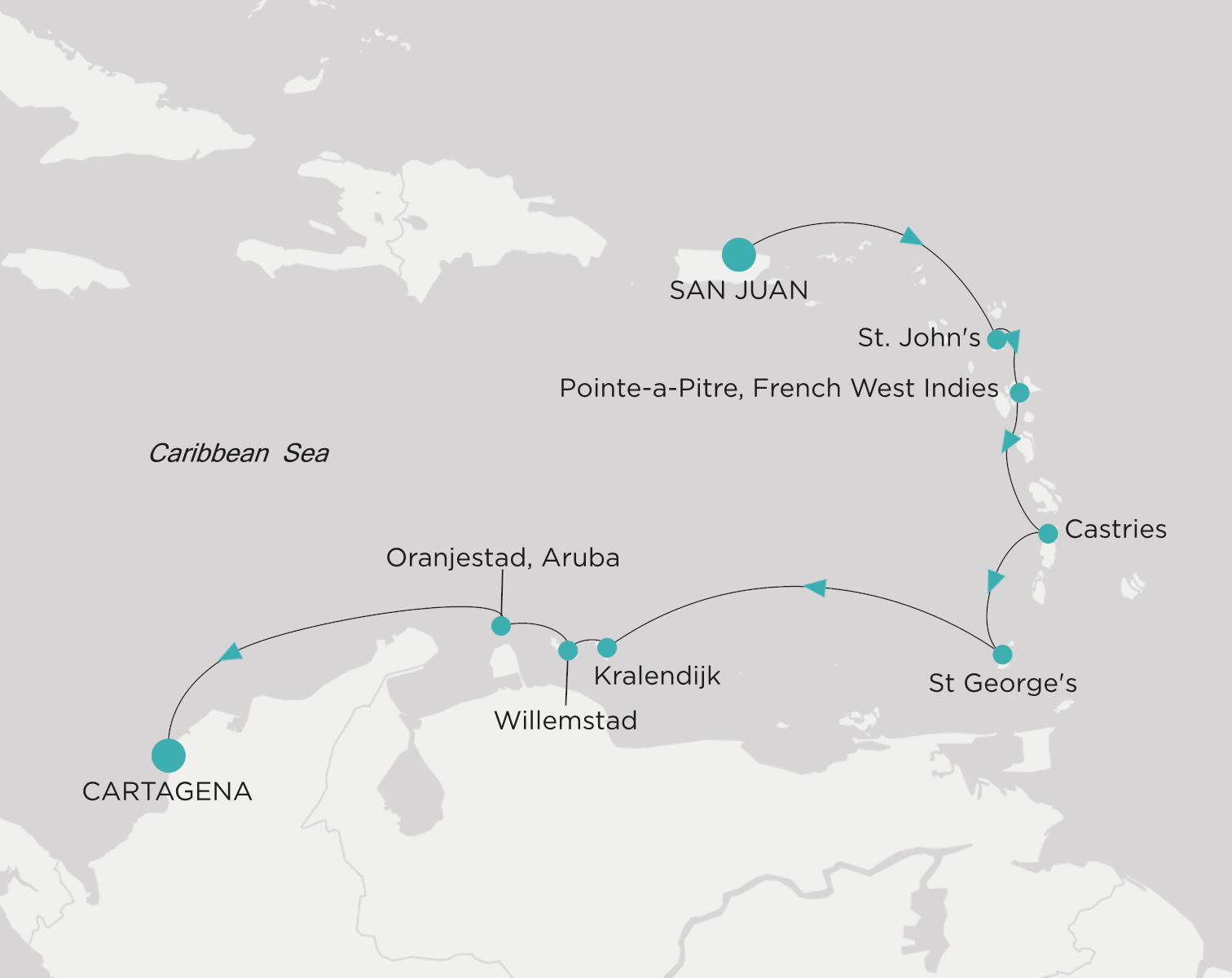 Carte de l’itinéraire Crystal Serenity, San Juan → Cartagena