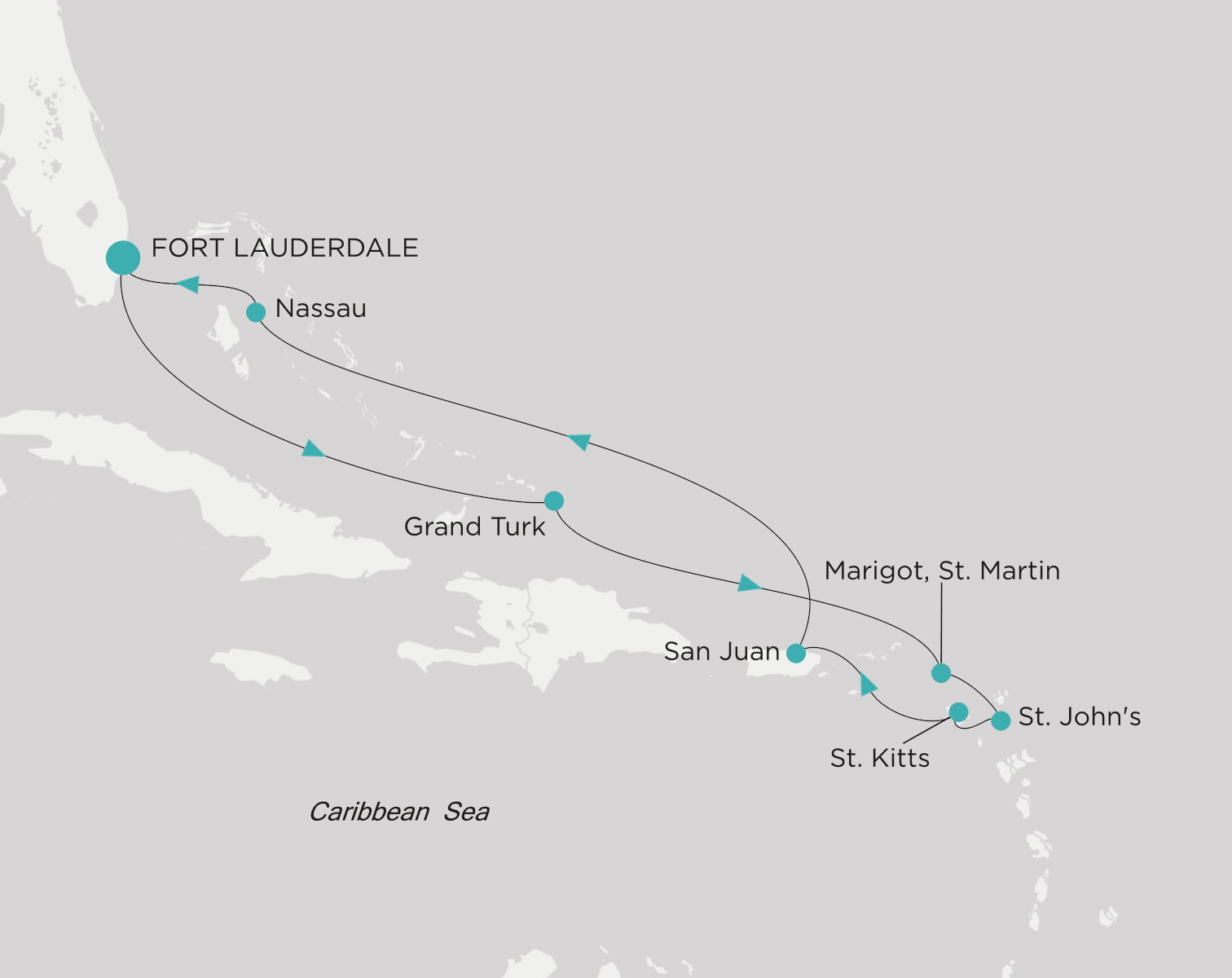 Carte de l’itinéraire Crystal Serenity, Fort Lauderdale → Fort Lauderdale