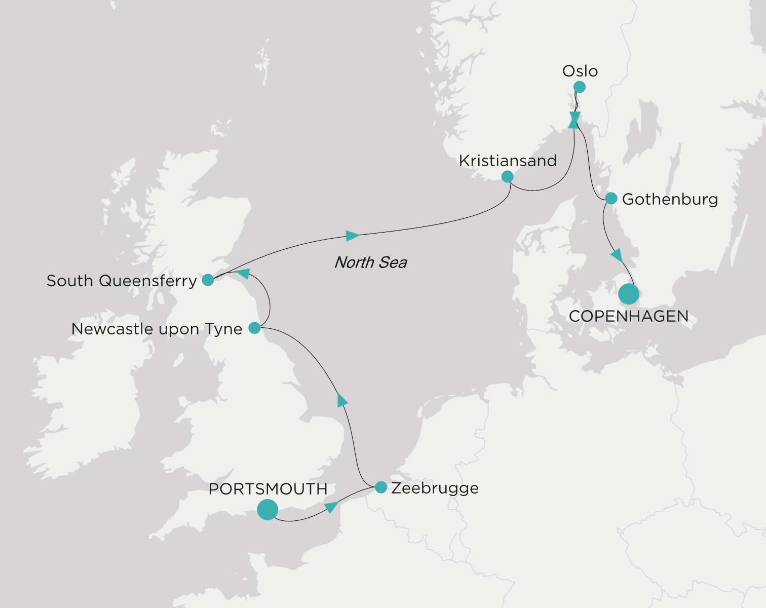 Carte de l’itinéraire Crystal Serenity, Portsmouth → Copenhague