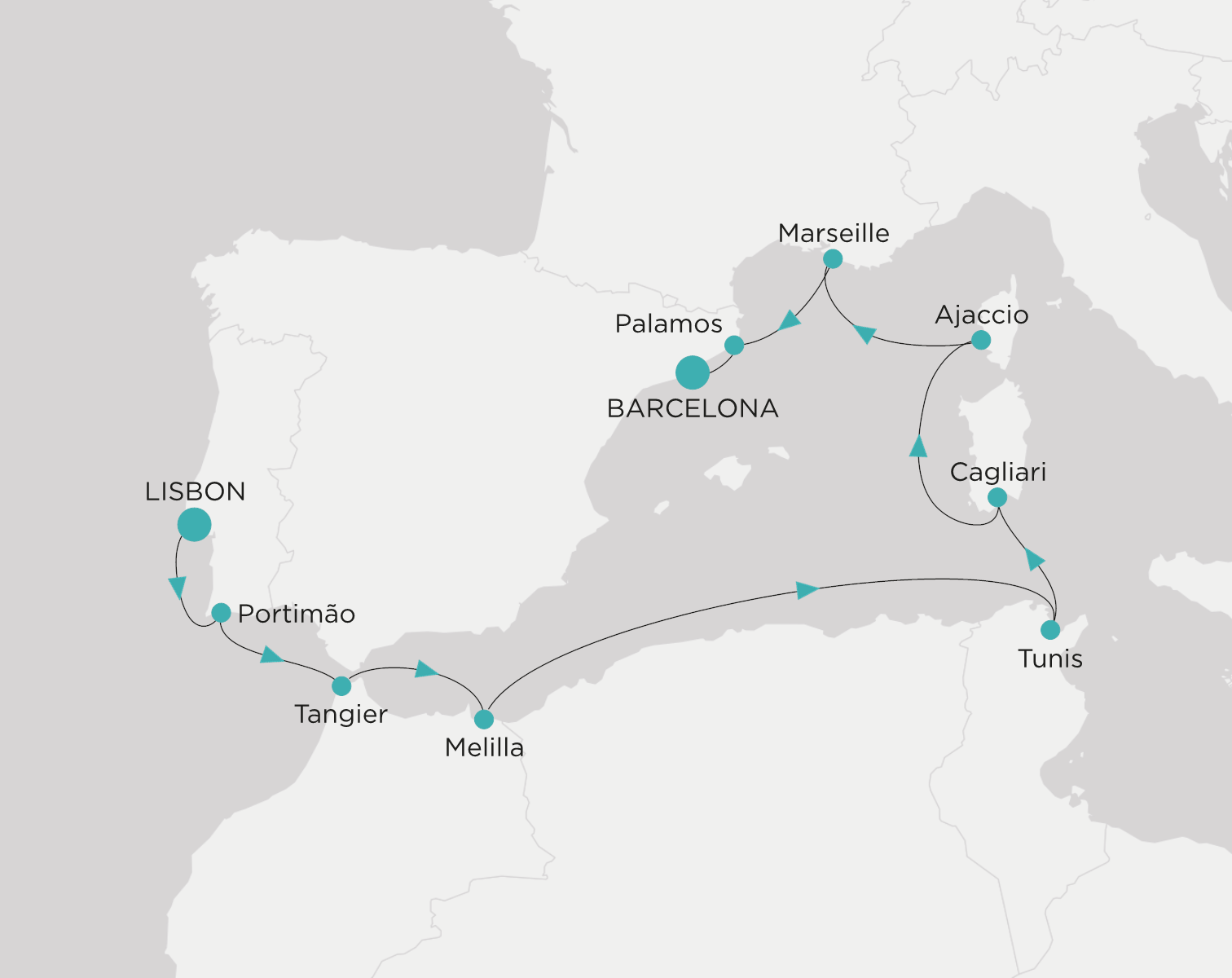 Carte de l’itinéraire Crystal Serenity, Lisbonne → Barcelone