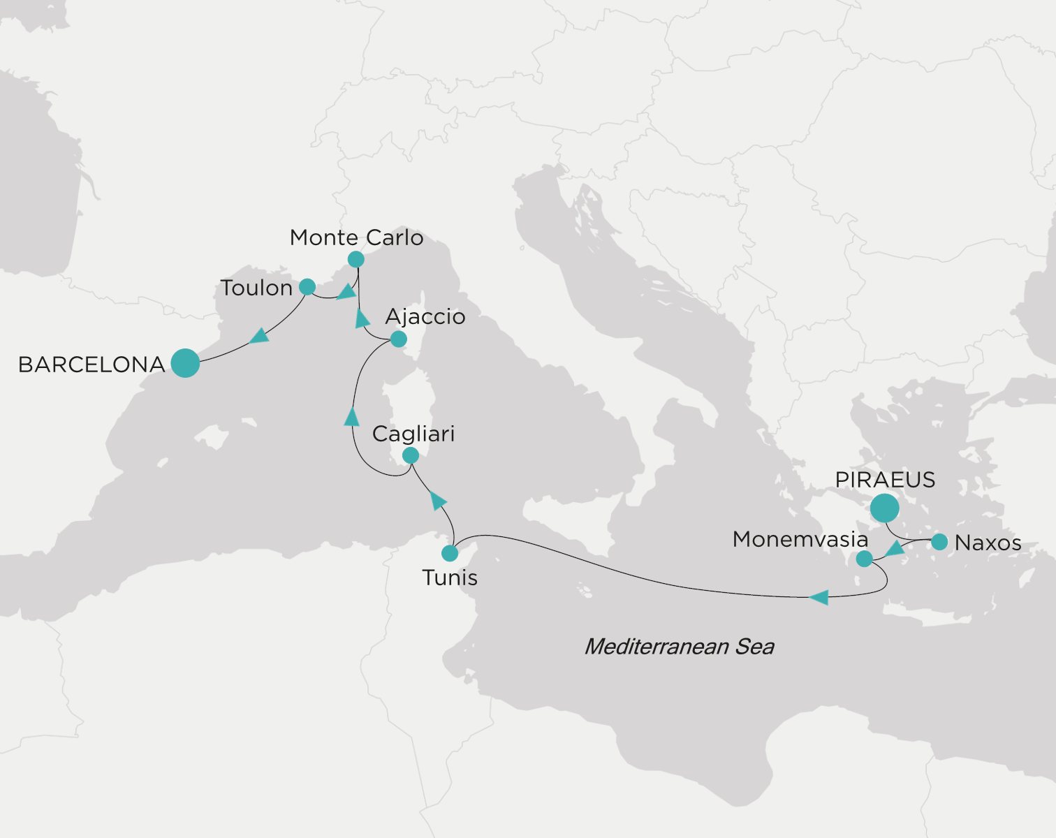Carte de l’itinéraire Crystal Serenity, Le Pirée (Athènes) → Barcelone