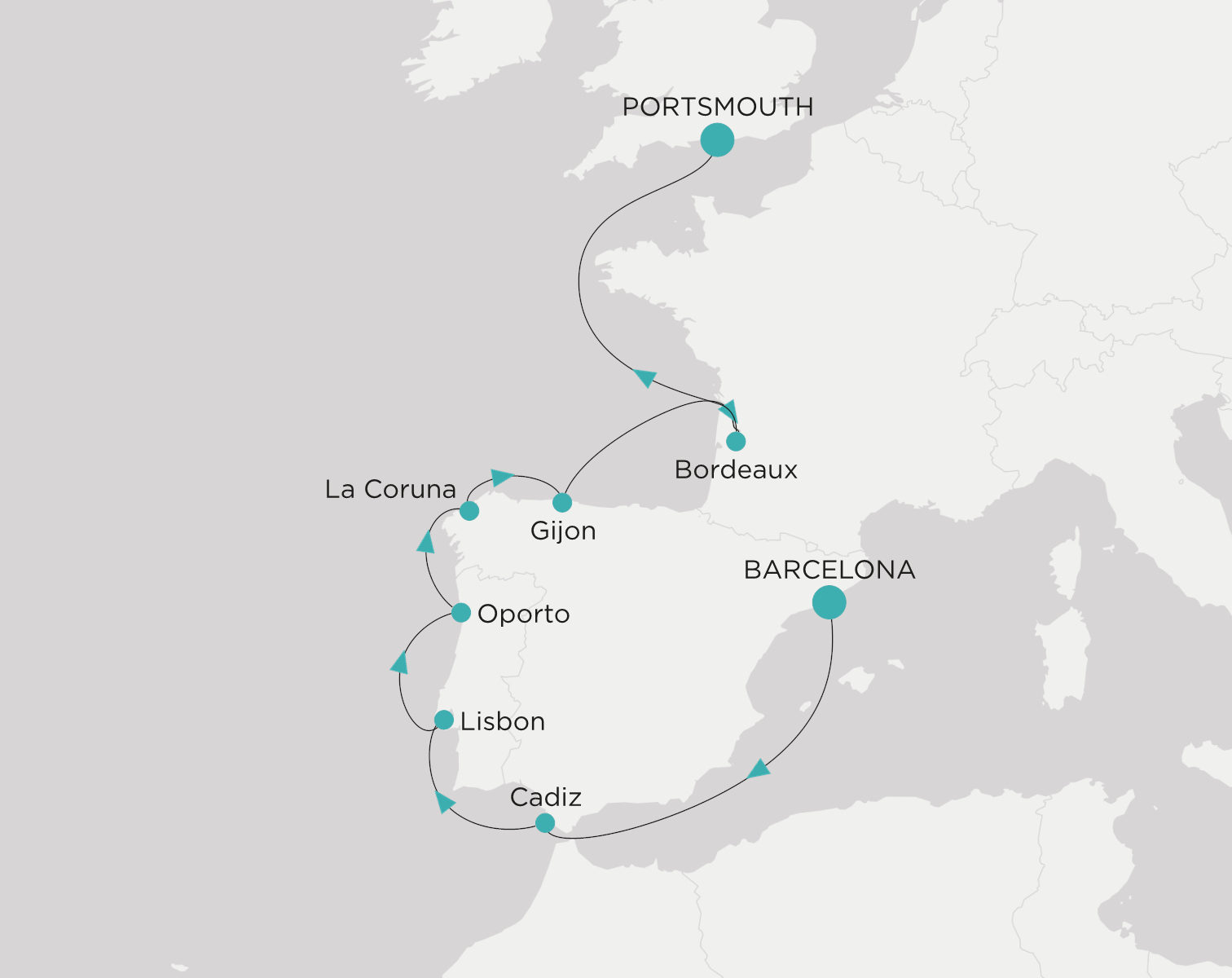 Carte de l’itinéraire Crystal Serenity, Barcelone → Portsmouth
