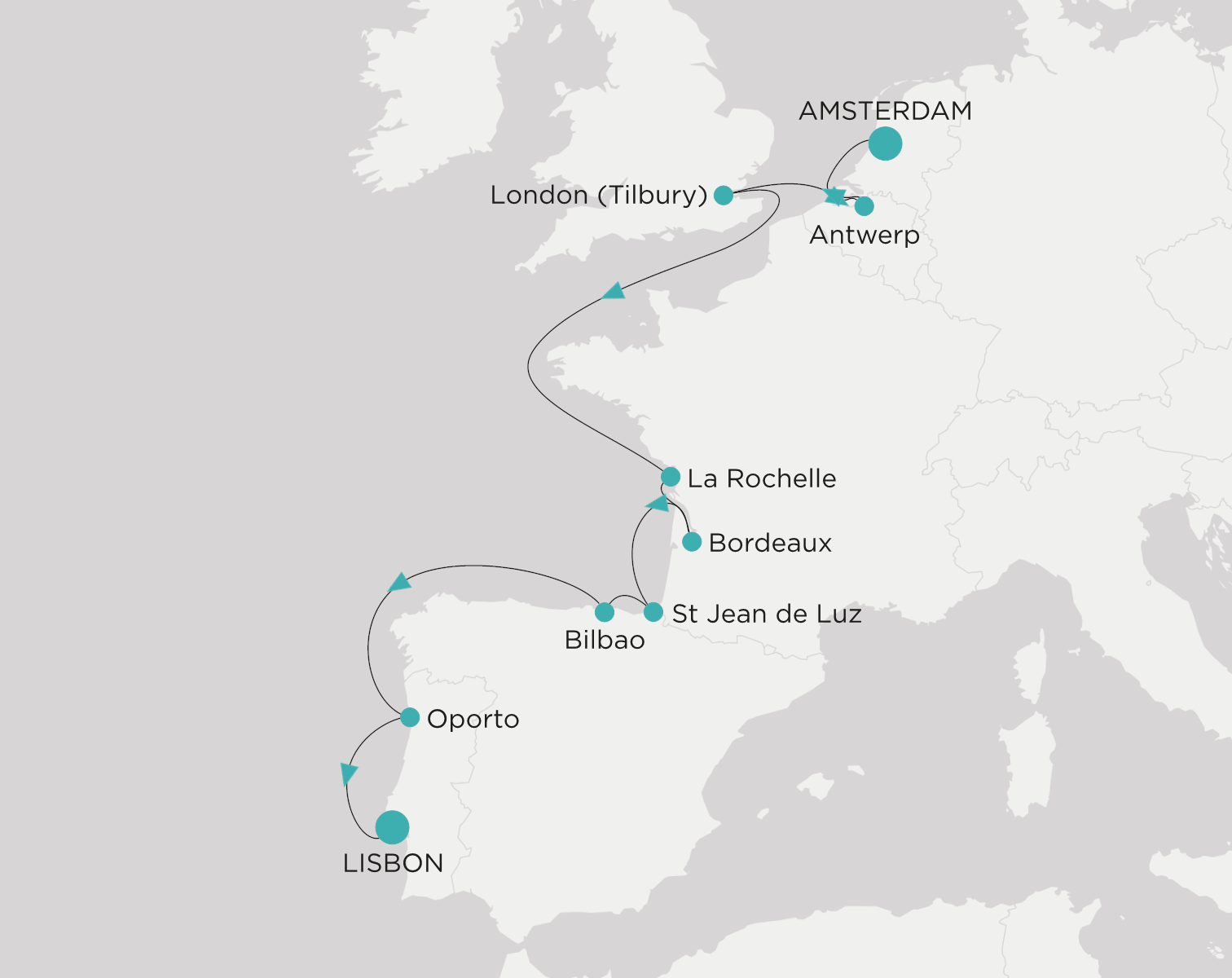 Carte de l’itinéraire Crystal Serenity, Amsterdam → Lisbonne