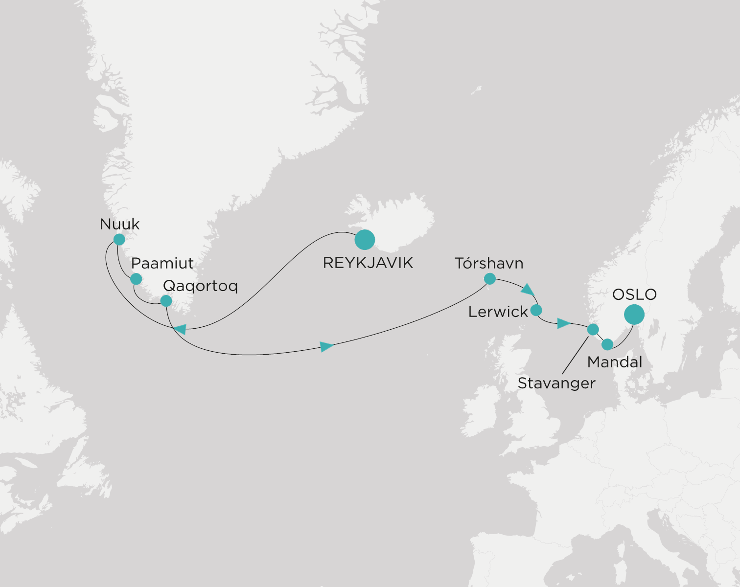 Carte de l’itinéraire Crystal Serenity, Reykjavík → Oslo