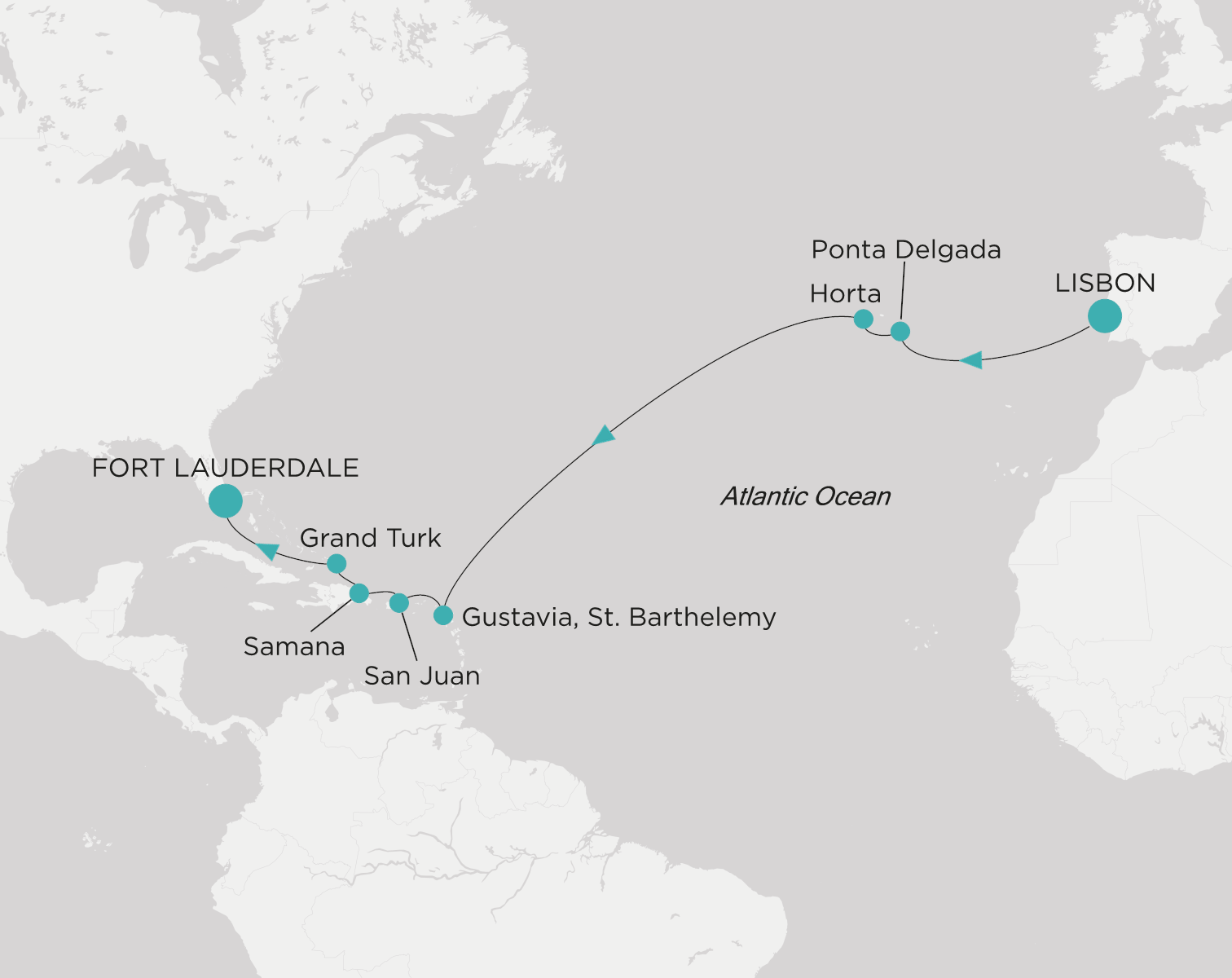 Carte de l’itinéraire Crystal Serenity, Lisbonne → Fort Lauderdale