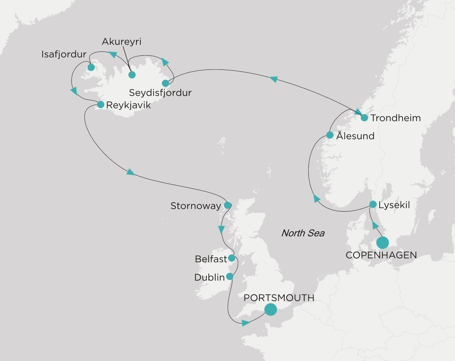 Carte de l’itinéraire Crystal Serenity, Copenhague → Portsmouth