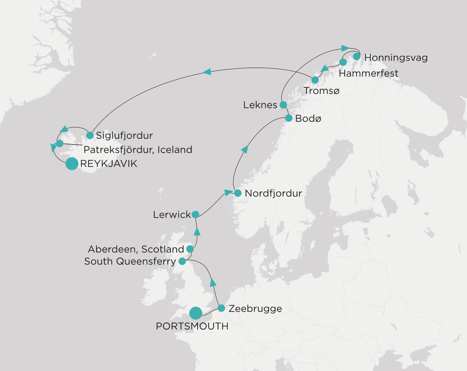 Carte de l’itinéraire Crystal Serenity, Portsmouth → Reykjavík