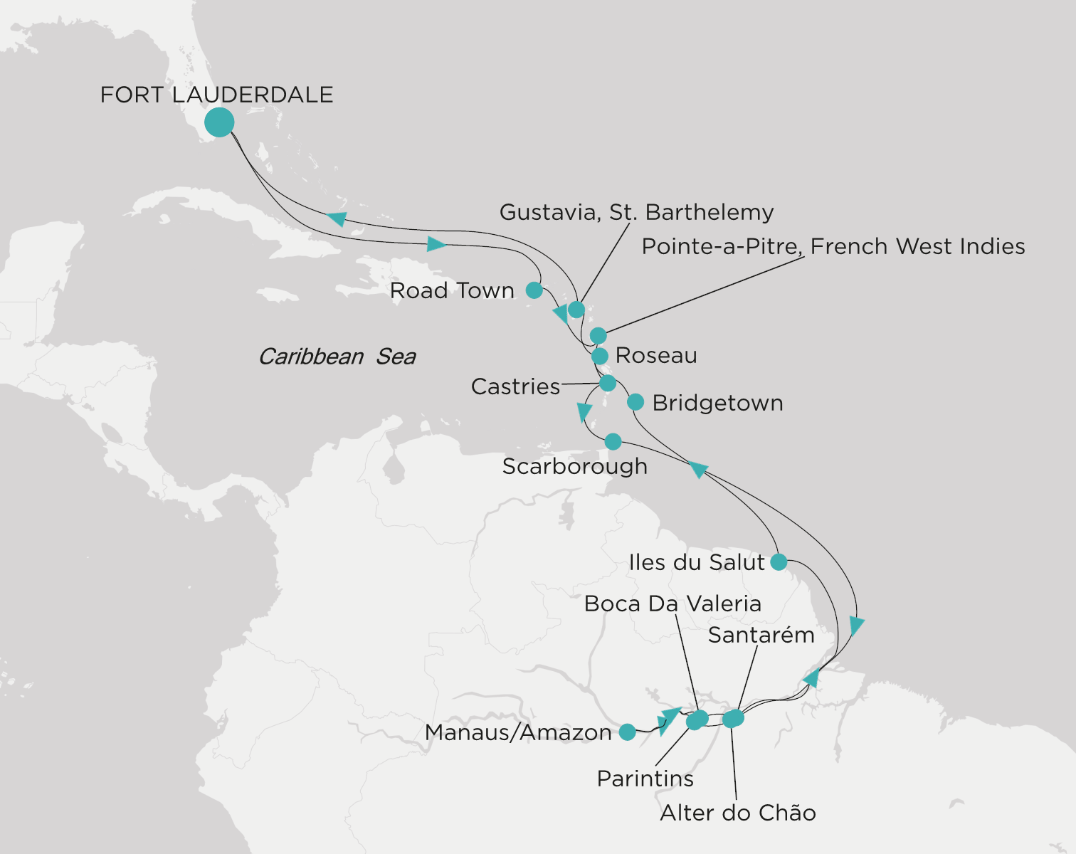 Carte de l’itinéraire Crystal Serenity, Fort Lauderdale → Fort Lauderdale