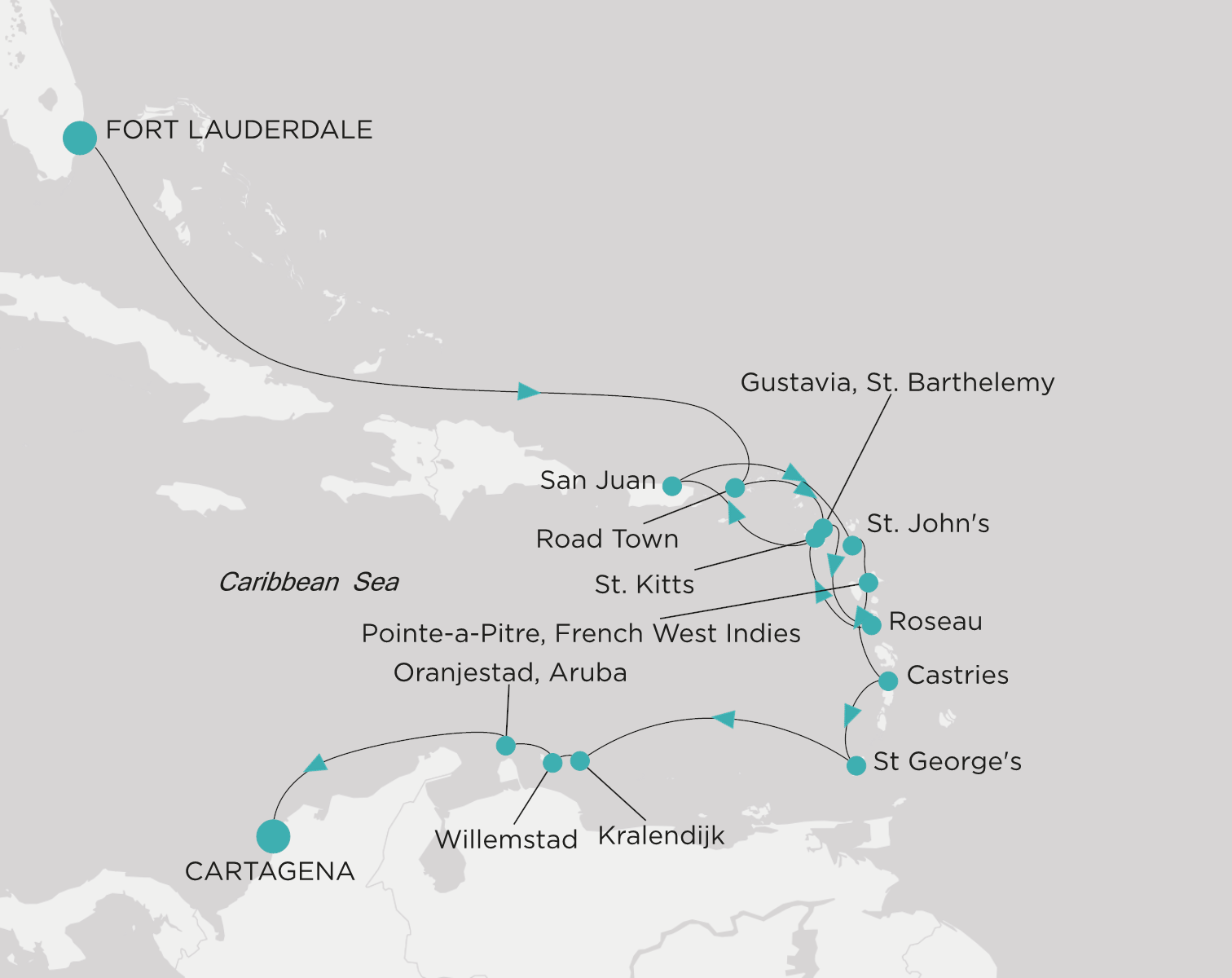 Carte de l’itinéraire Crystal Serenity, Fort Lauderdale → Cartagena