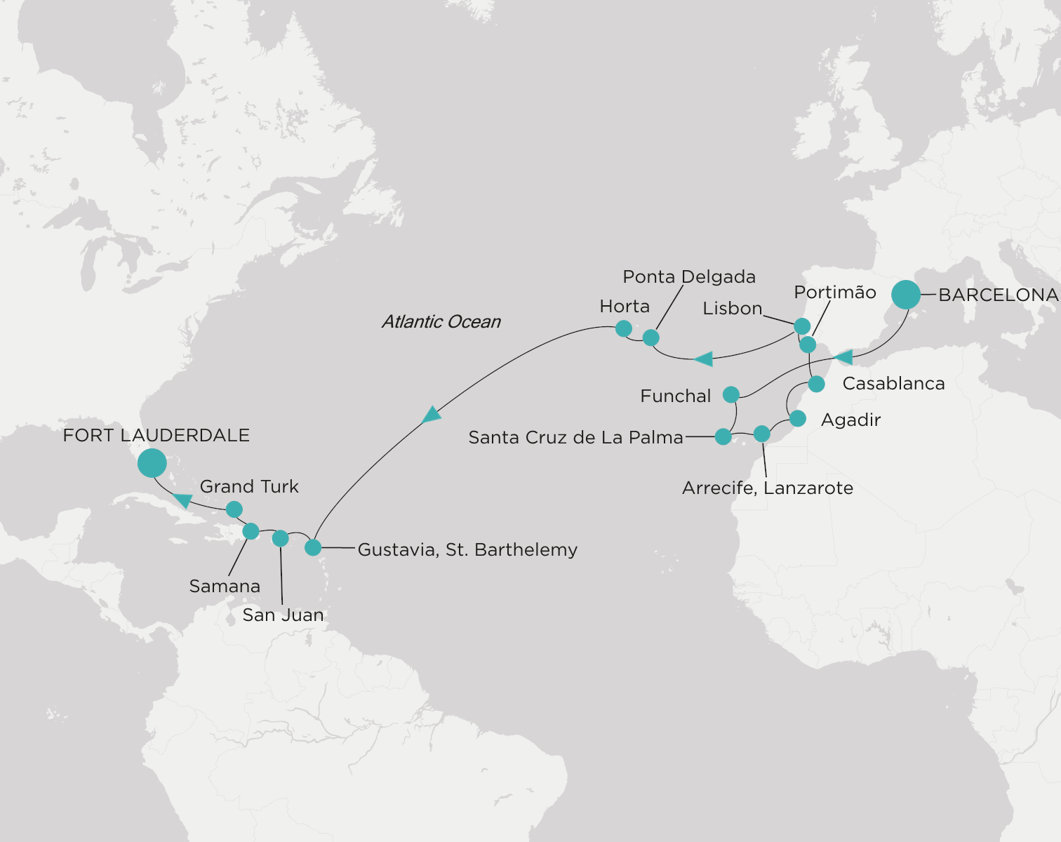 Carte de l’itinéraire Crystal Serenity, Barcelone → Fort Lauderdale