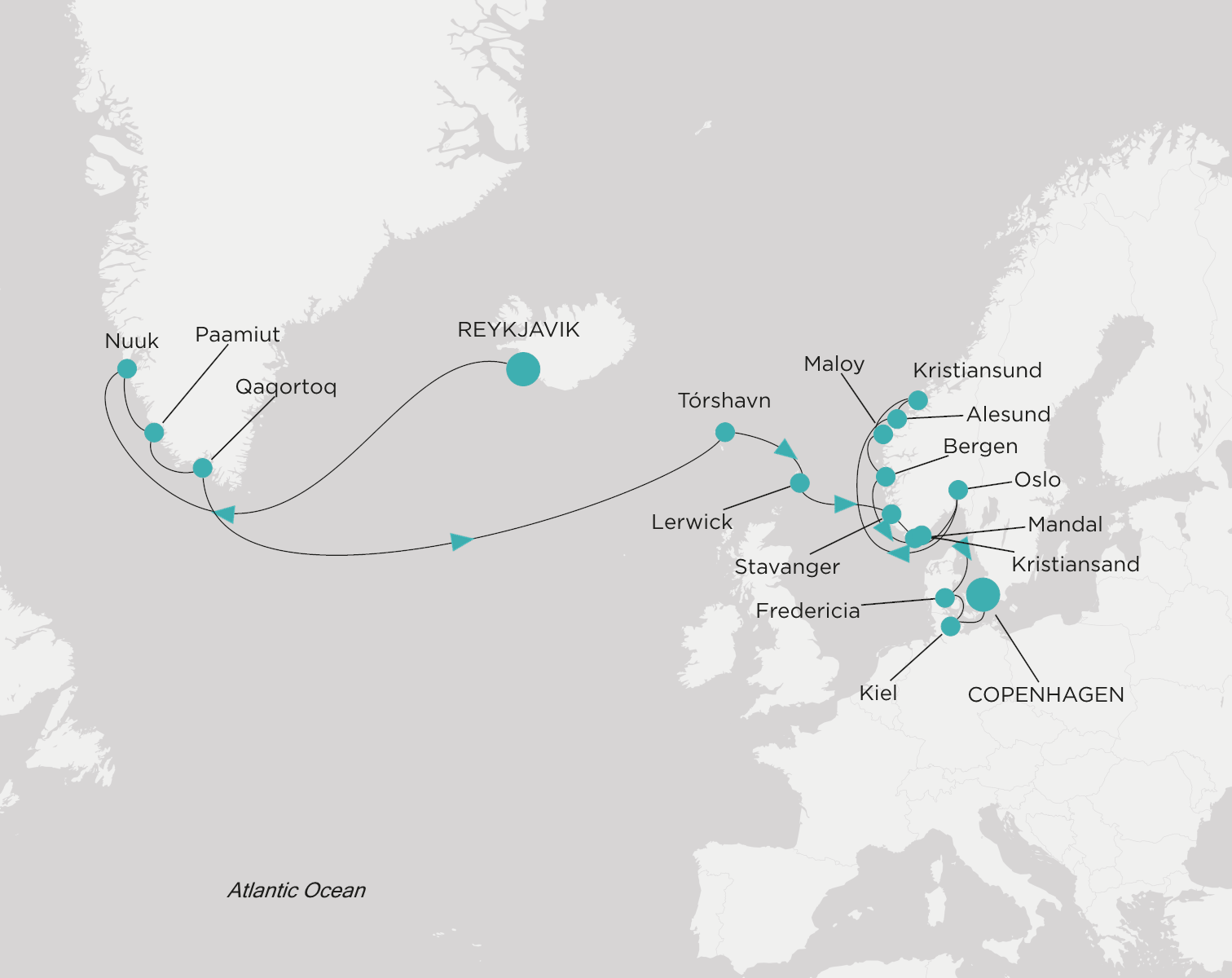 Carte de l’itinéraire Crystal Serenity, Reykjavík → Copenhague