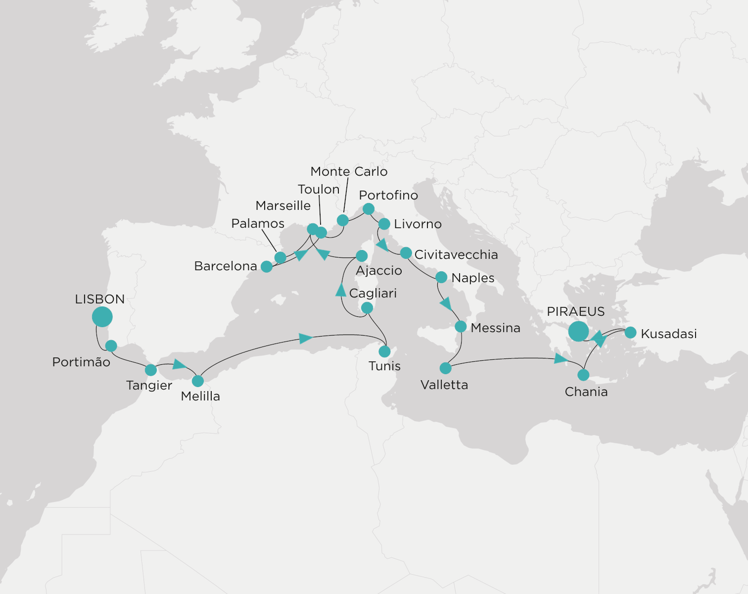 Carte de l’itinéraire Crystal Serenity, Lisbonne → Le Pirée (Athènes)