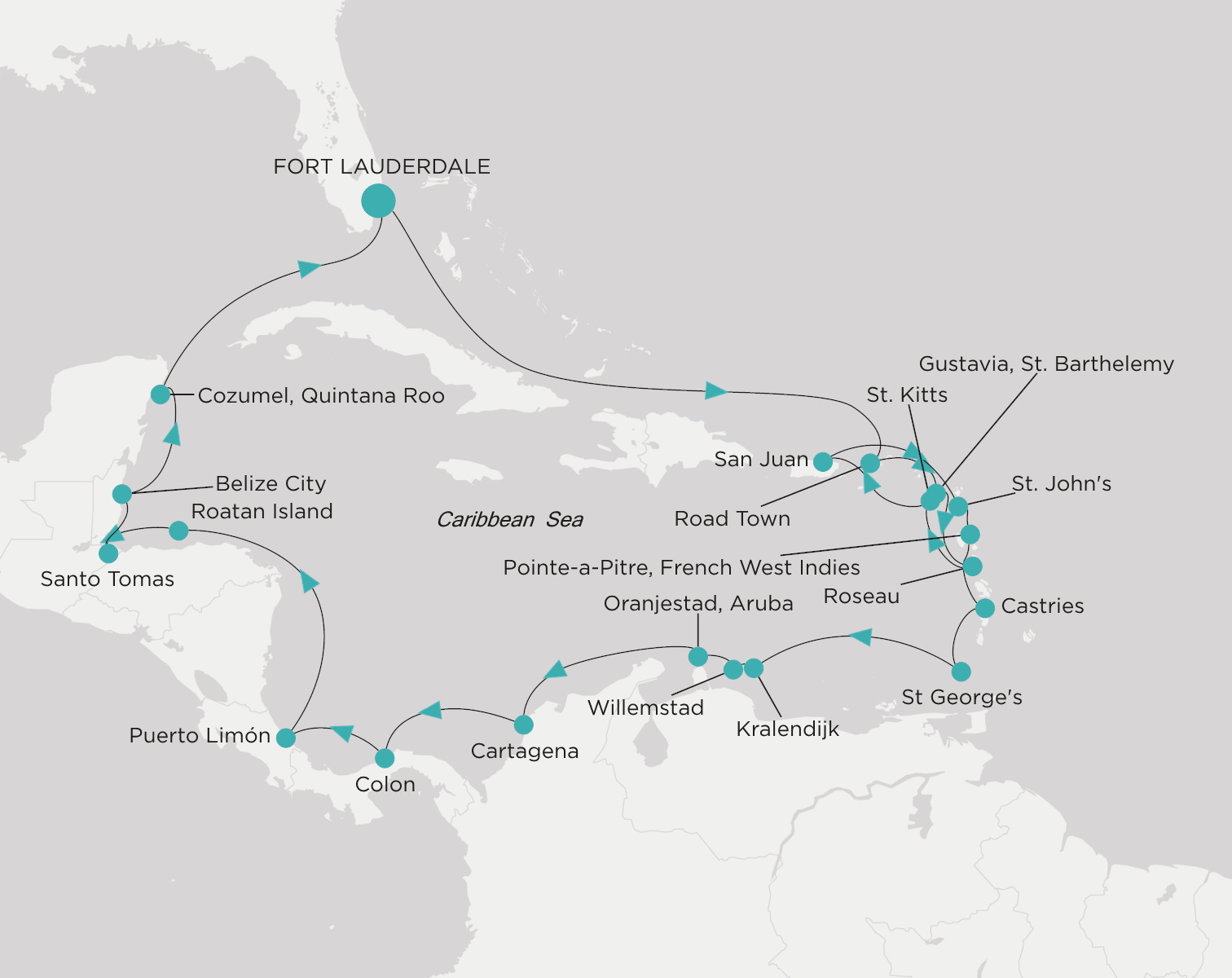 Carte de l’itinéraire Crystal Serenity, Fort Lauderdale → Fort Lauderdale
