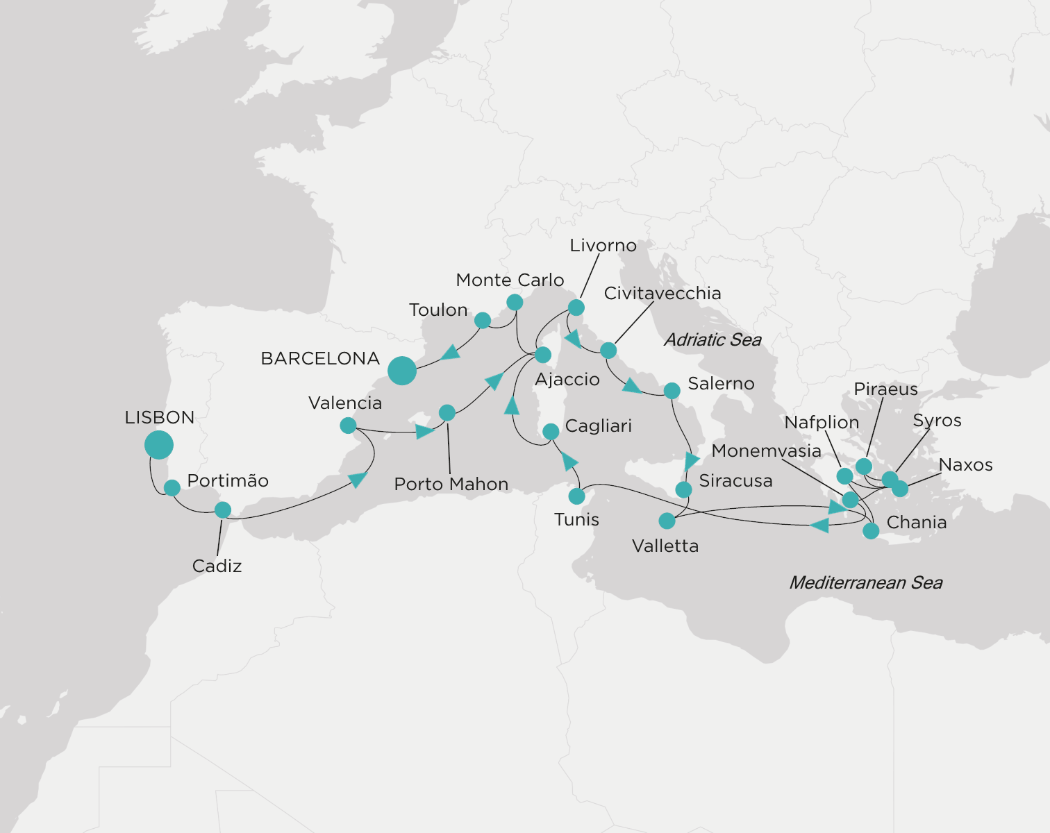 Carte de l’itinéraire Crystal Serenity, Lisbonne → Barcelone