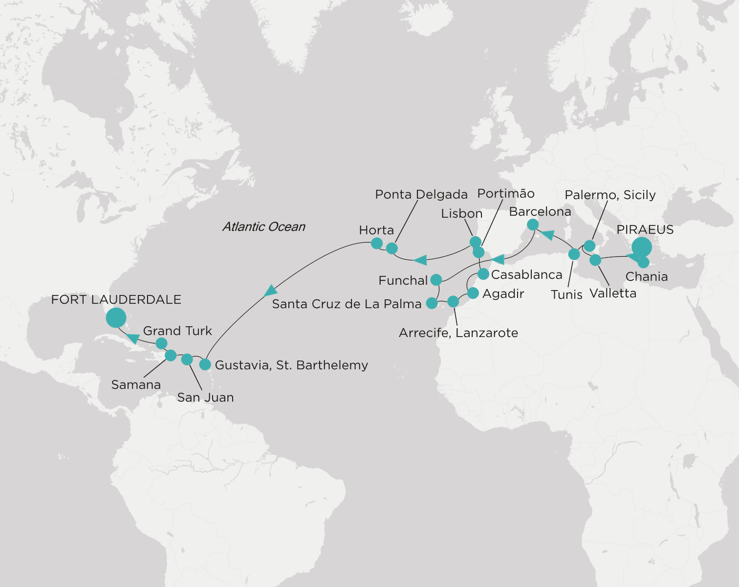 Carte de l’itinéraire Crystal Serenity, Le Pirée (Athènes) → Fort Lauderdale