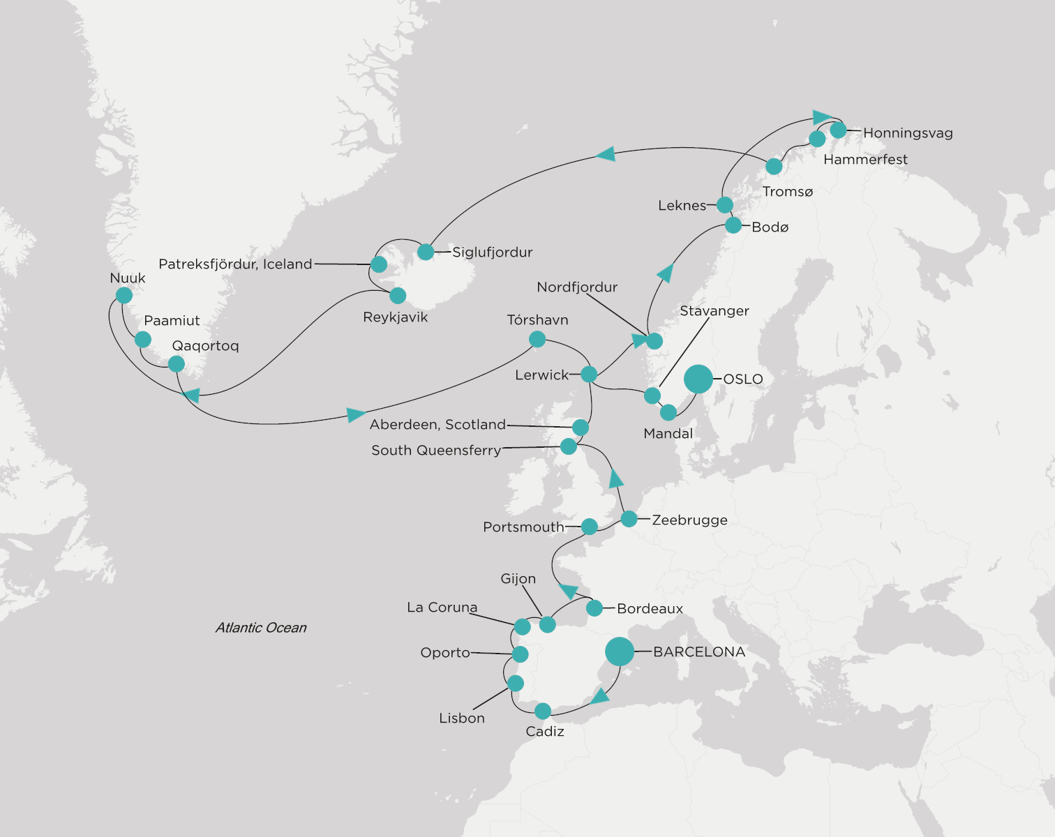Carte de l’itinéraire Crystal Serenity, Barcelone → Oslo