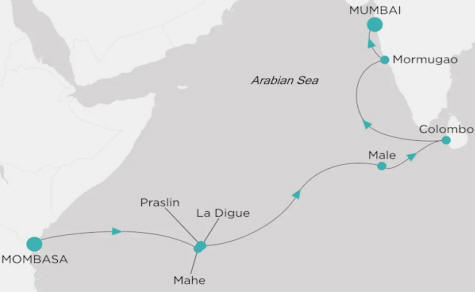 Carte de l’itinéraire Crystal Symphony, Mombasa → Mumbai